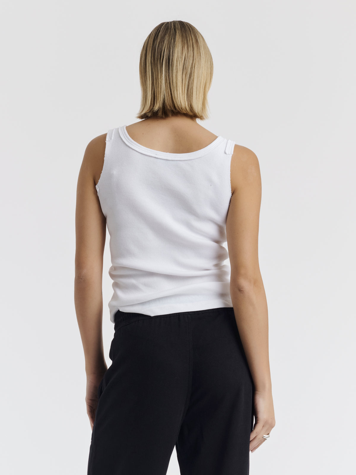 White ANNET ribbed tank top worn, front view