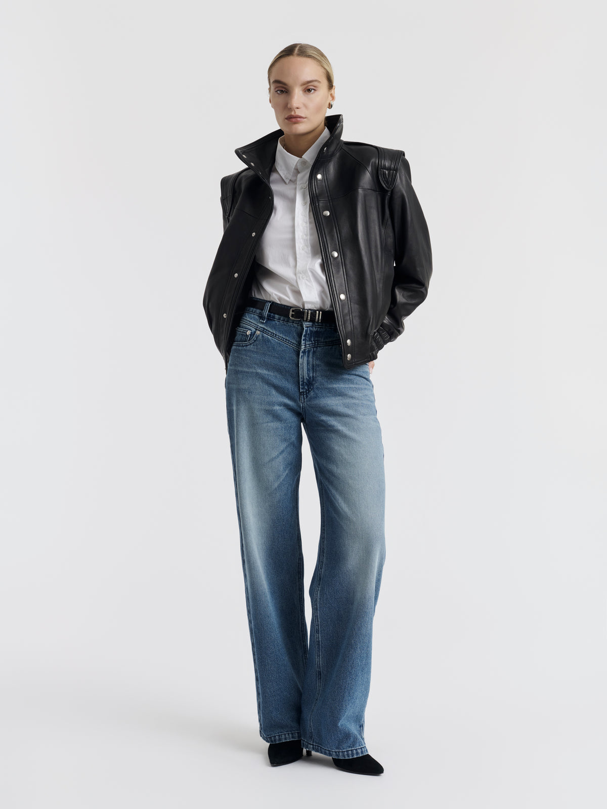 Black AXEL lambskin leather jacket worn, front view