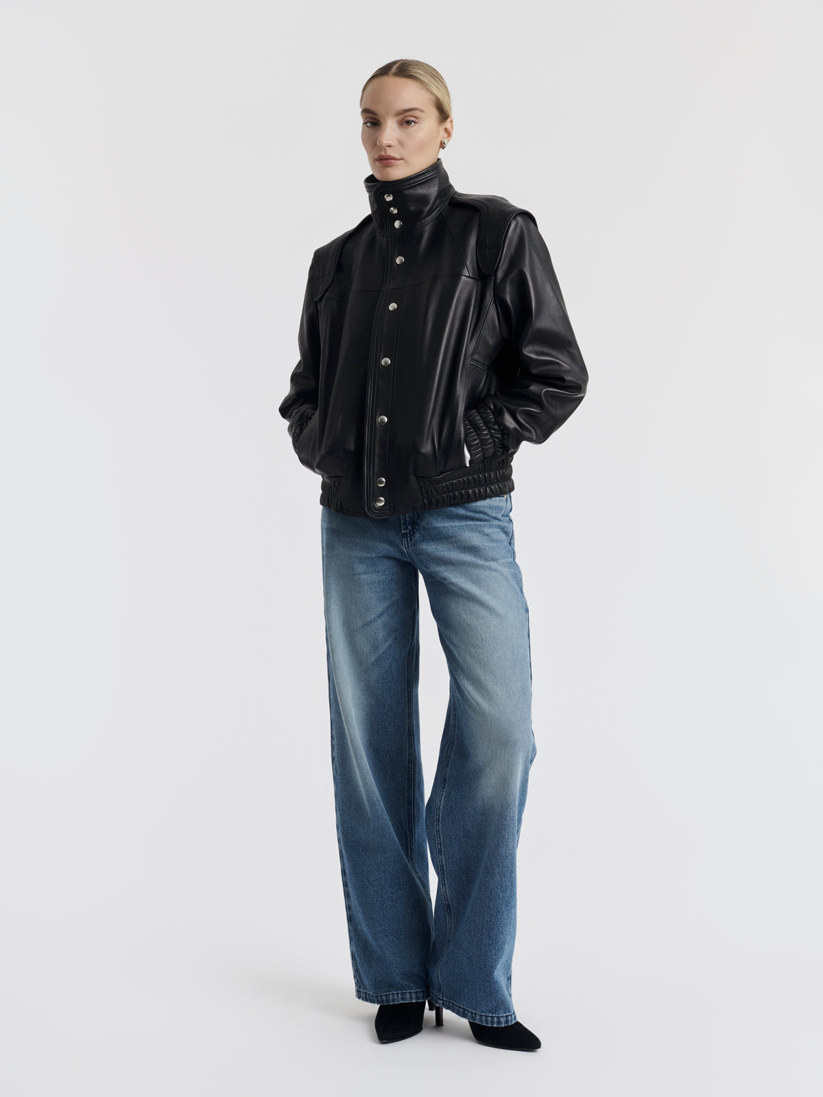 Black AXEL lambskin leather jacket worn, front view