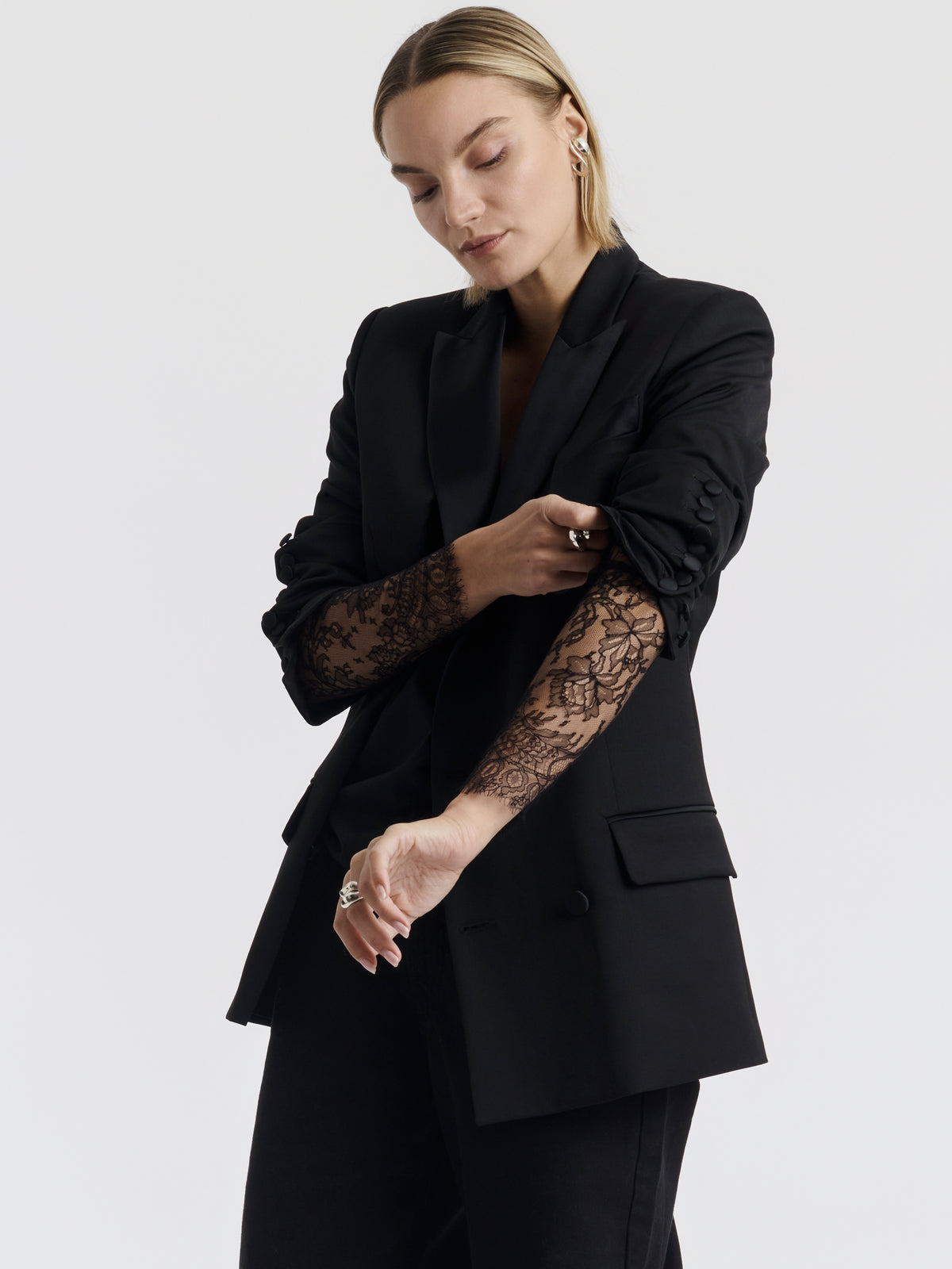Black COURTNEY T-shirt with lace sleeves worn, front view