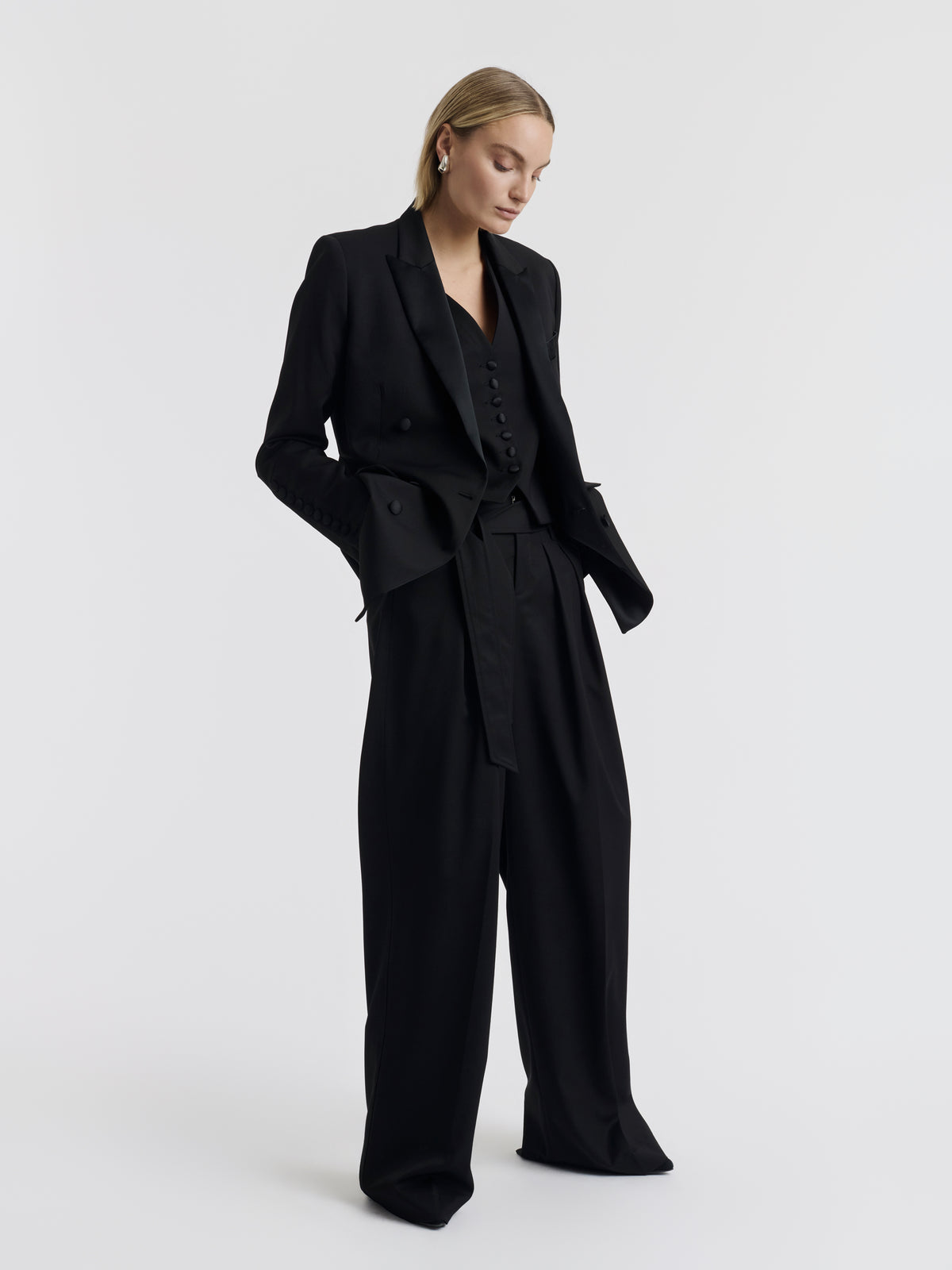 Black CARMEN waistcoat worn under the BEN tuxedo jacket