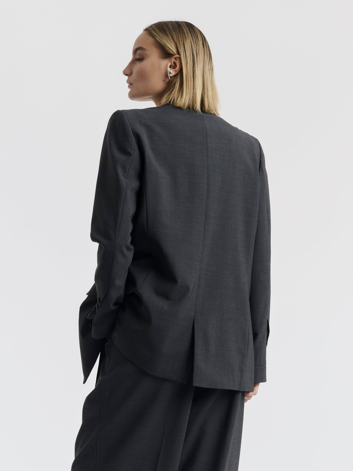 Grey BILLIE double-breasted jacket worn, back view