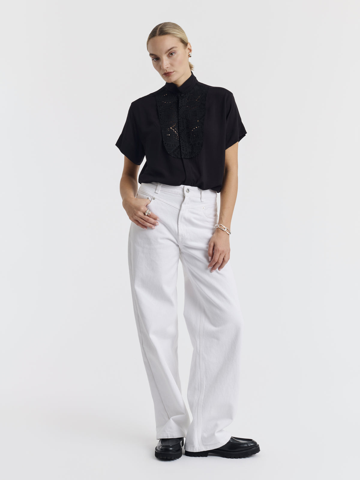 Black FAY tuxedo shirt worn, front view