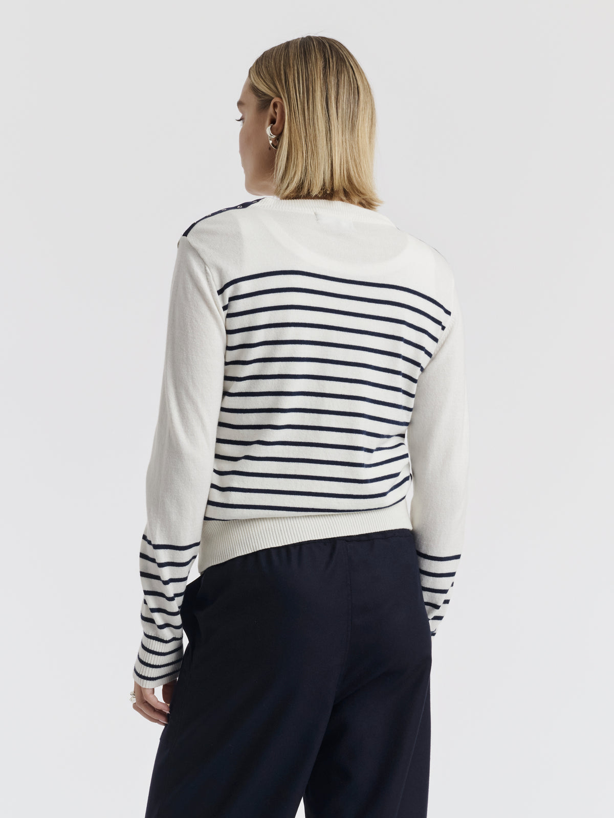 Navy striped ISA CHAINS jumper, back view