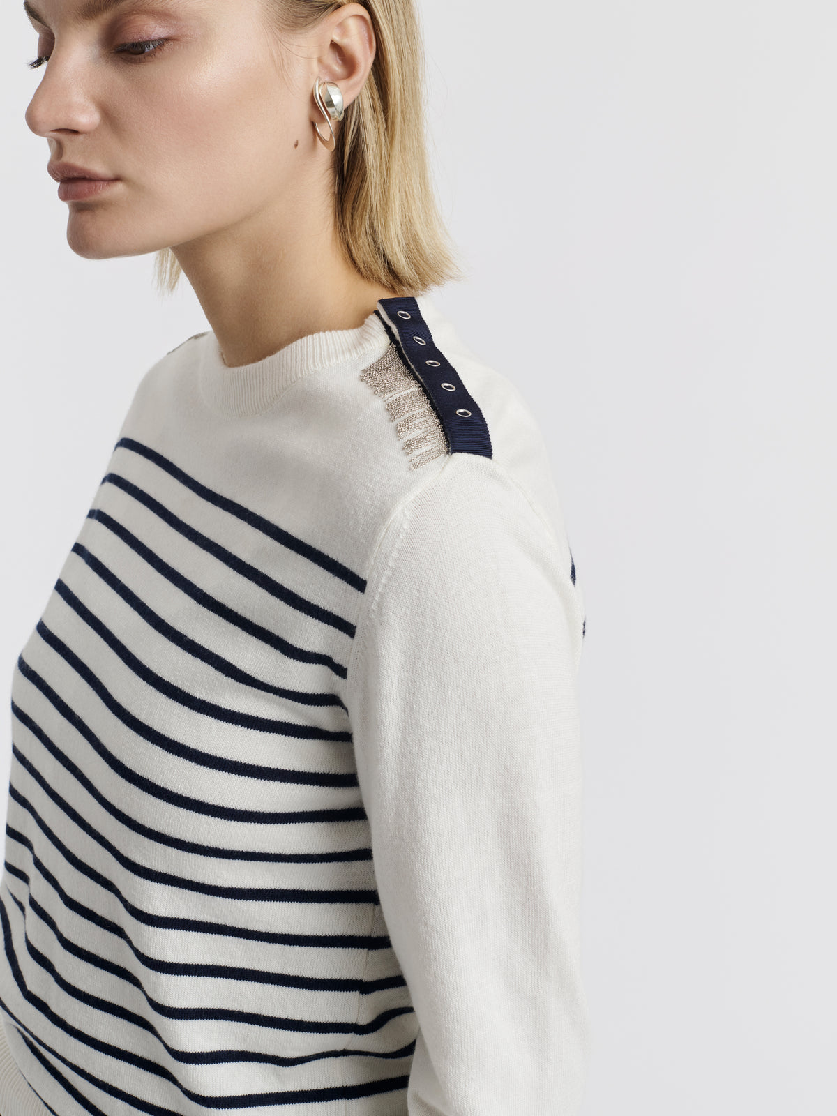 Hand-embroidered chains on the navy striped ISA CHAINS jumper