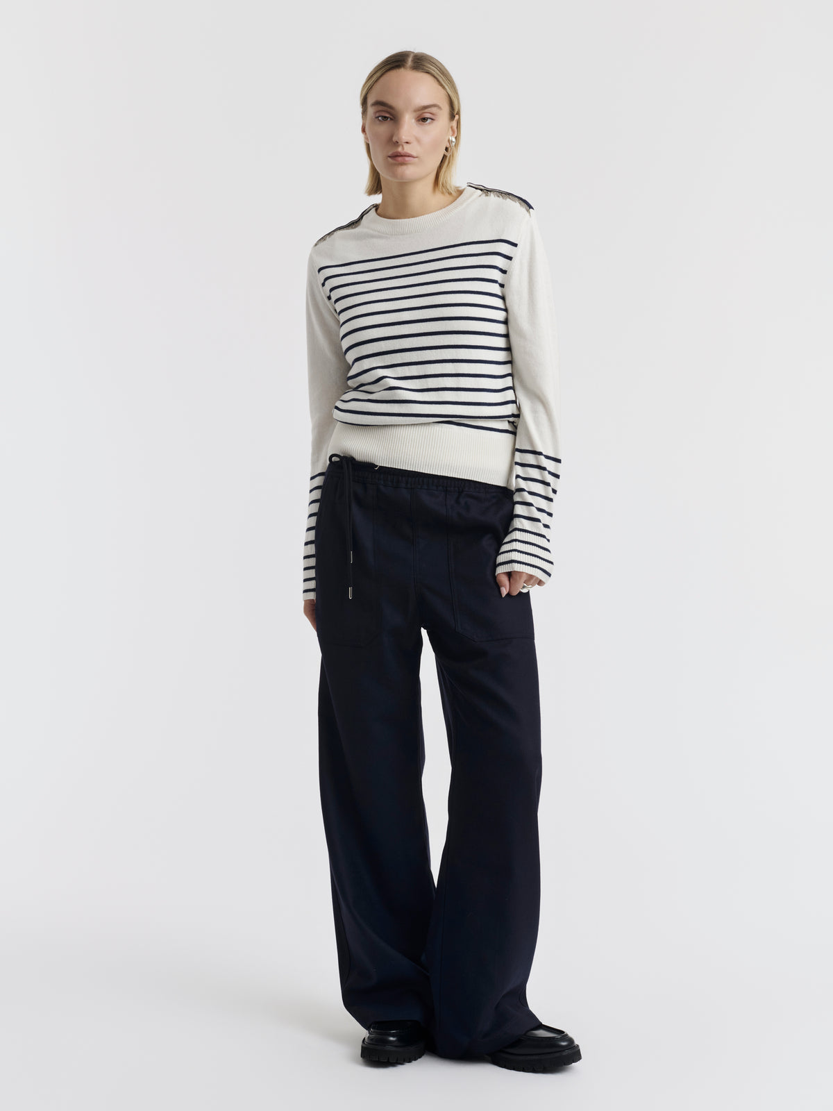 Navy striped ISA CHAINS jumper worn, front view