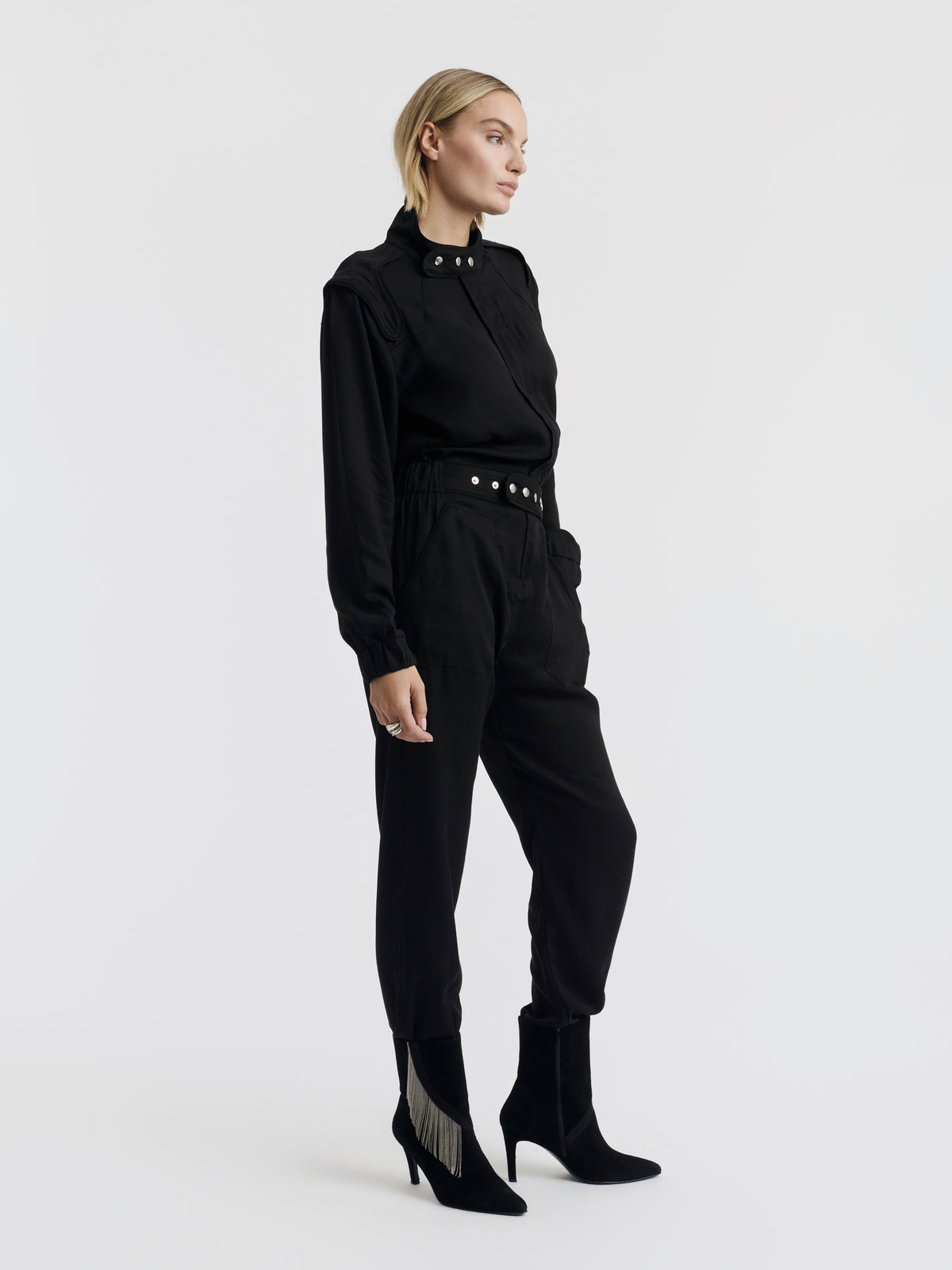Black JIM racing jumpsuit worn, front view