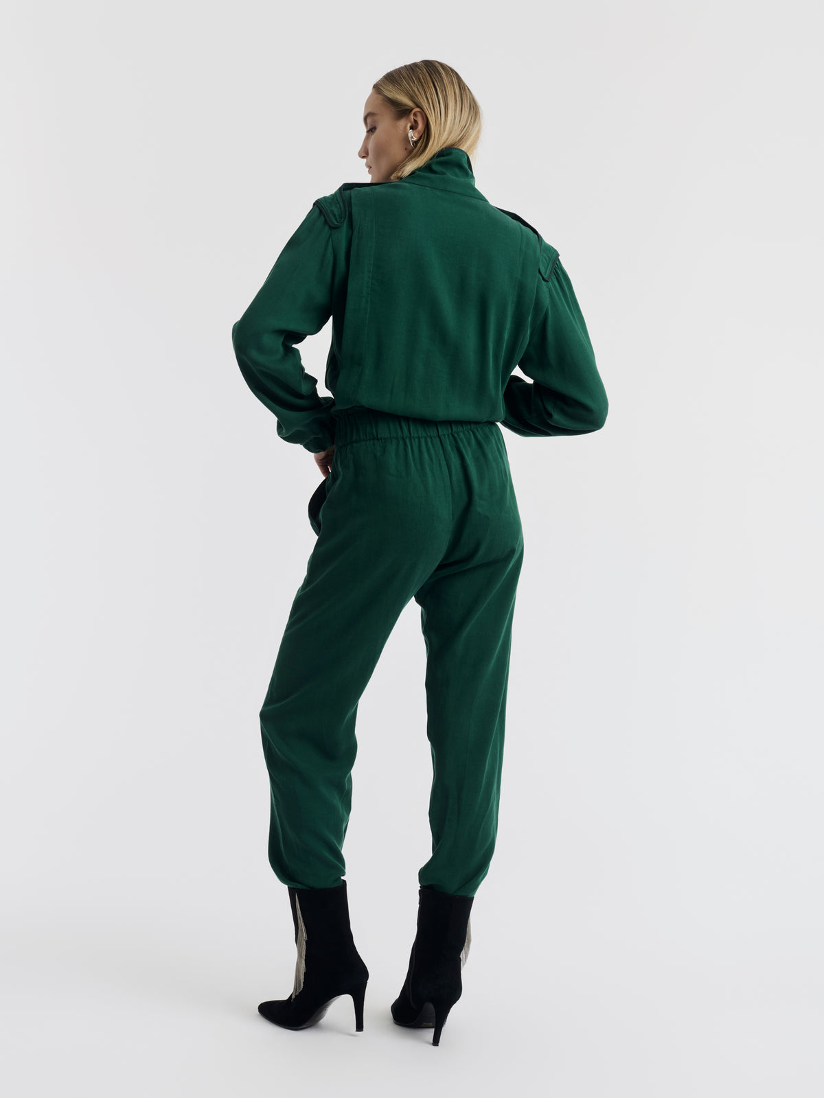 Forest green JIM racing jumpsuit worn, front view