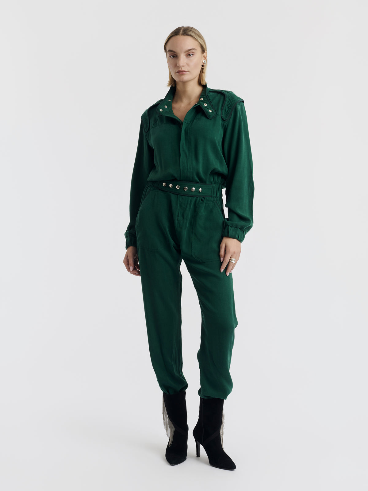 Forest green JIM racing jumpsuit worn, front view