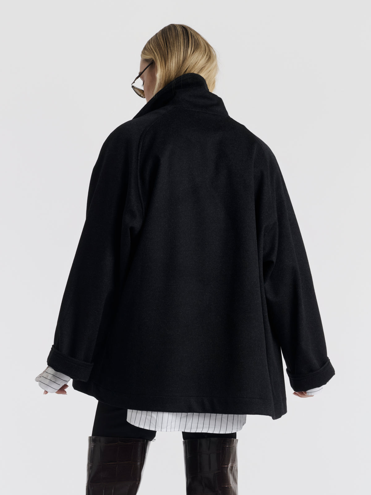 Anthracite KIM wool kimono jacket worn, back view