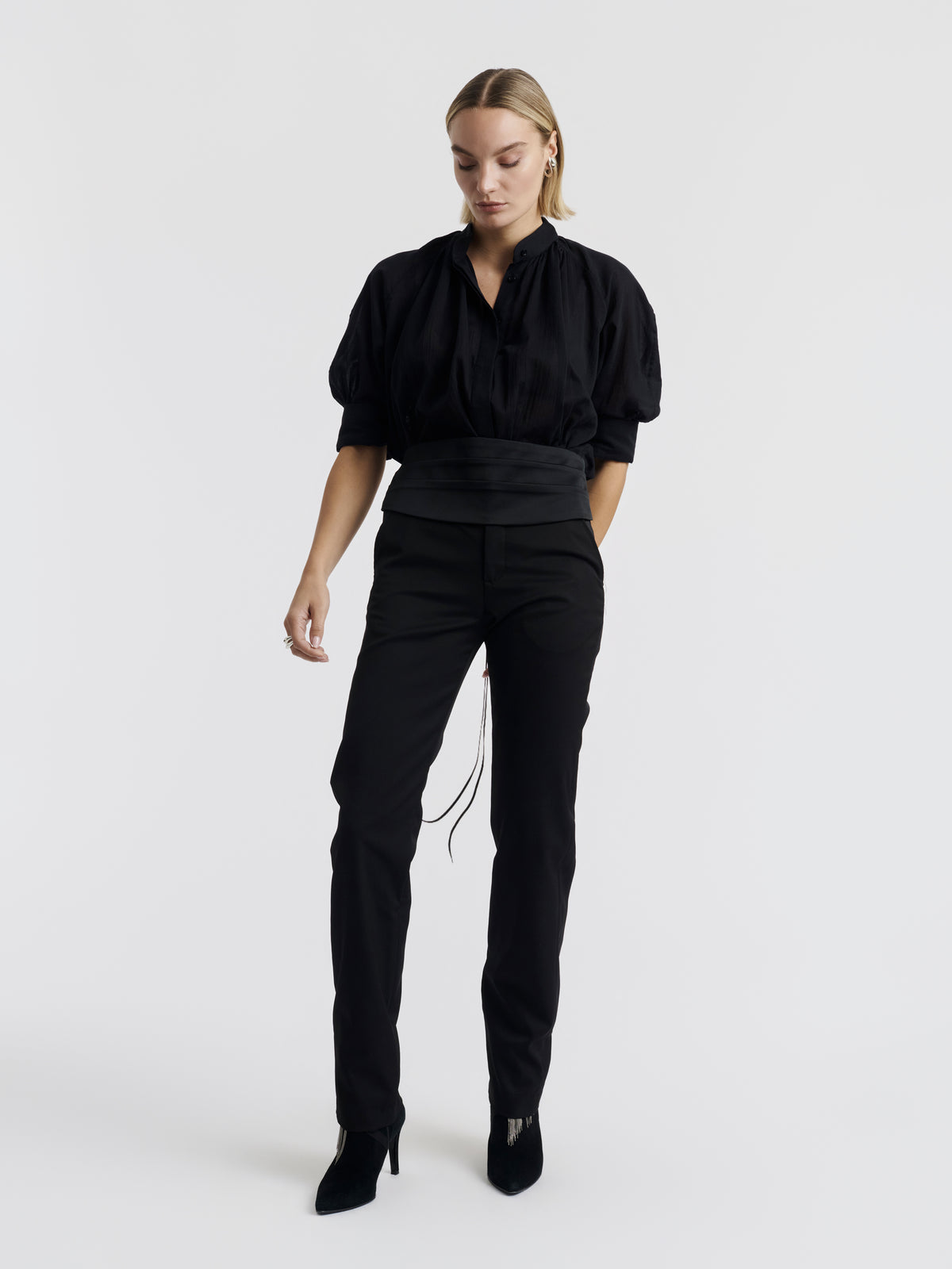 Black MADELEINE cotton voile shirt worn, front view