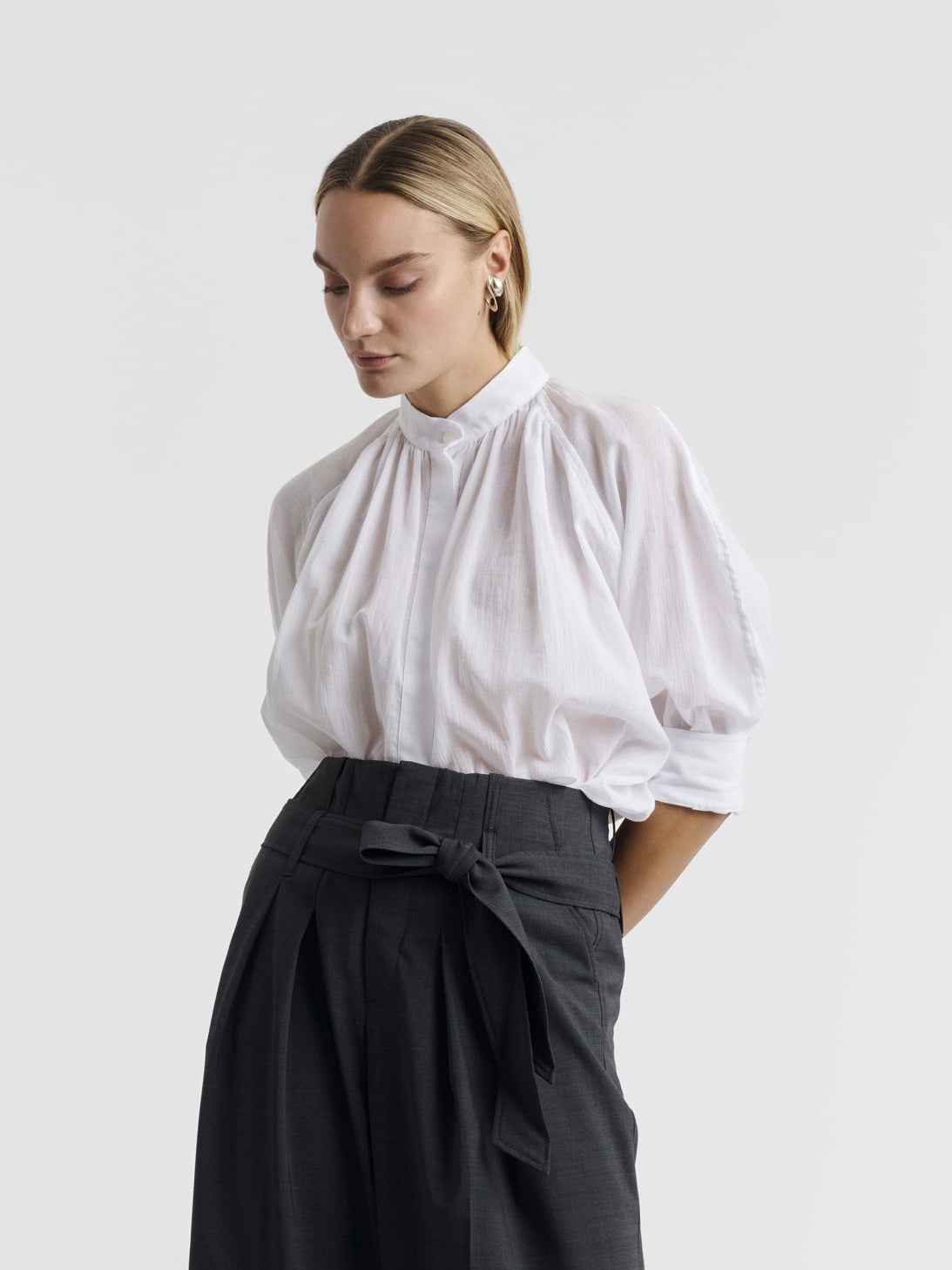 White MADELEINE cotton voile shirt worn, front view