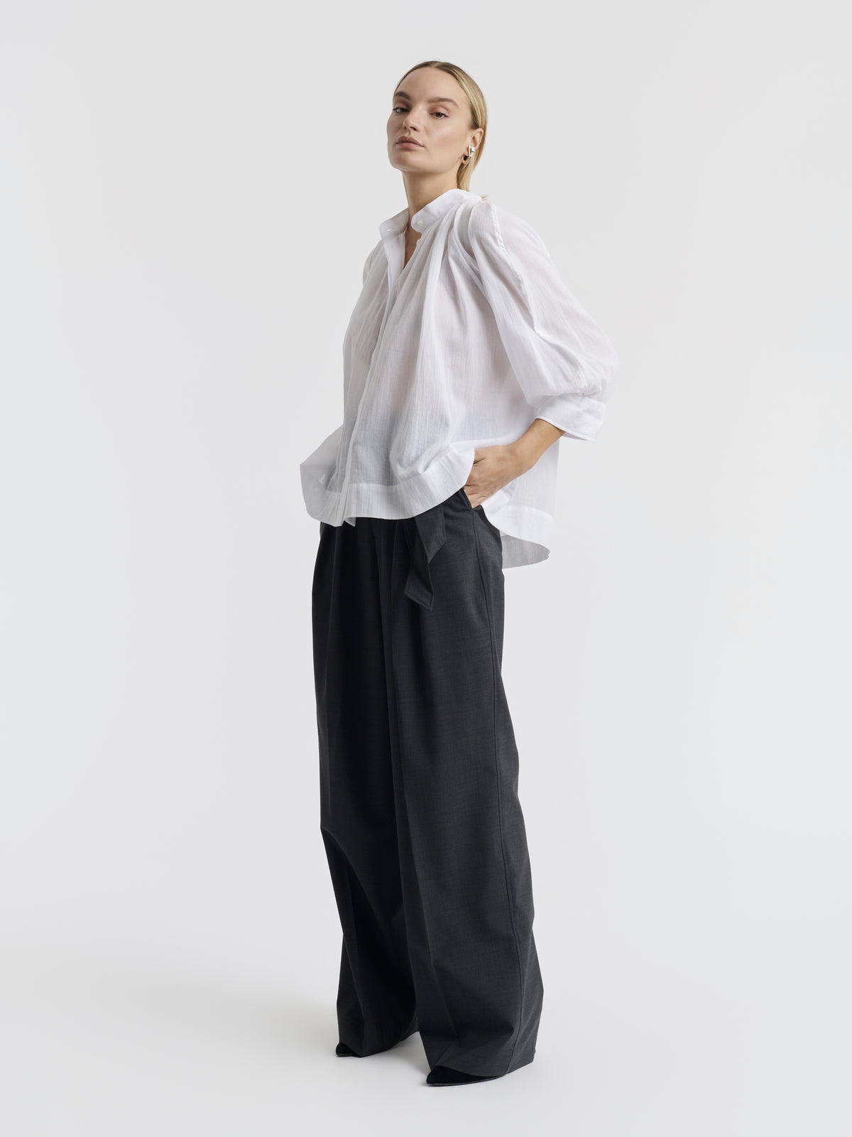 White MADELEINE cotton voile shirt worn, front view
