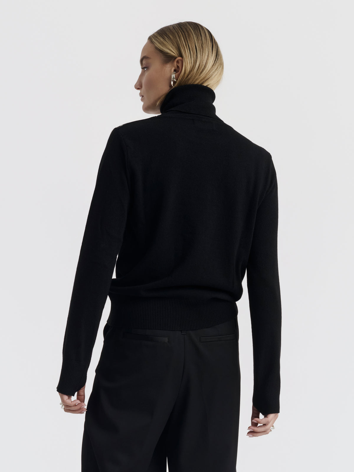 Black MATH CHAINS roll neck jumper worn, back view