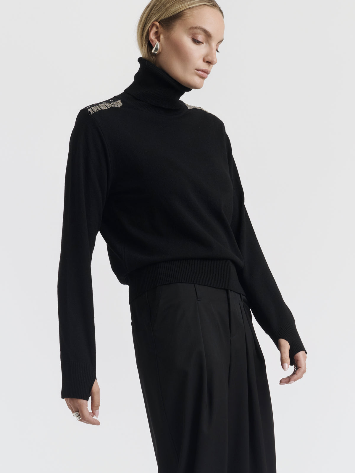 Black MATH CHAINS roll neck jumper worn, front view
