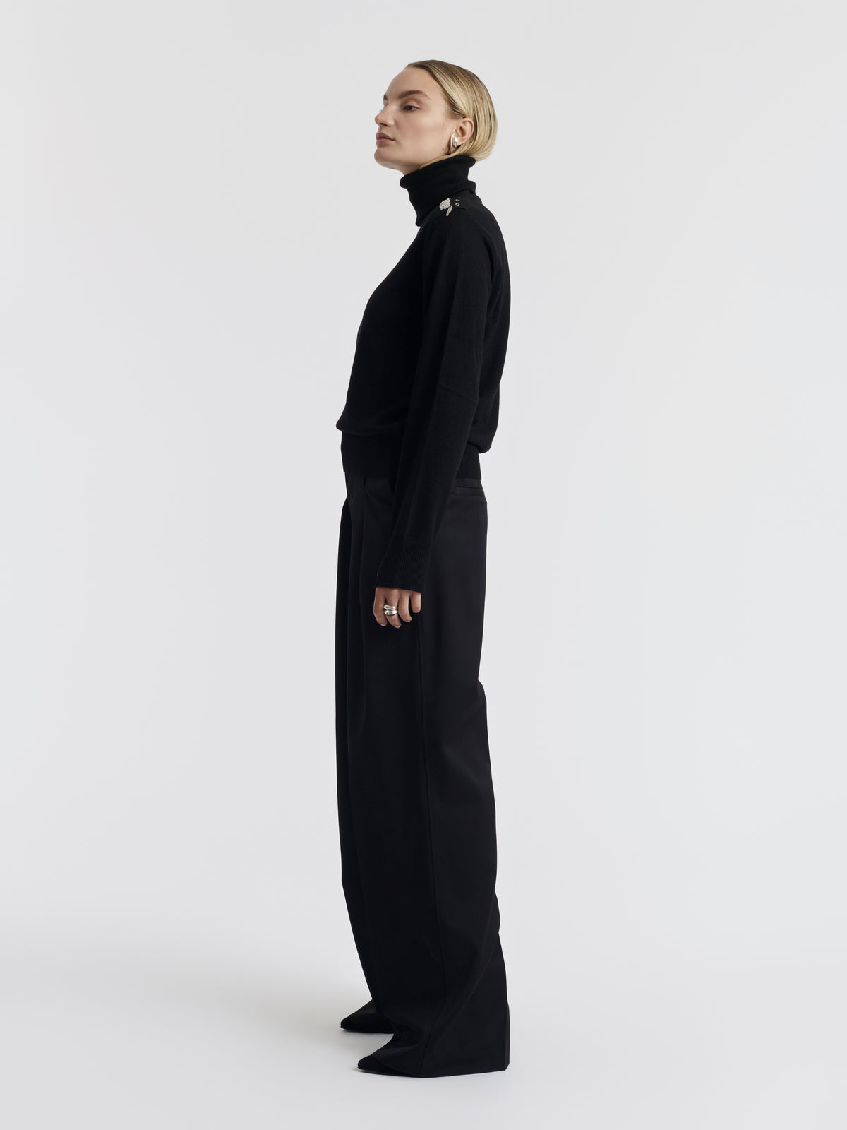 Black MATH CHAINS roll neck jumper worn, front view