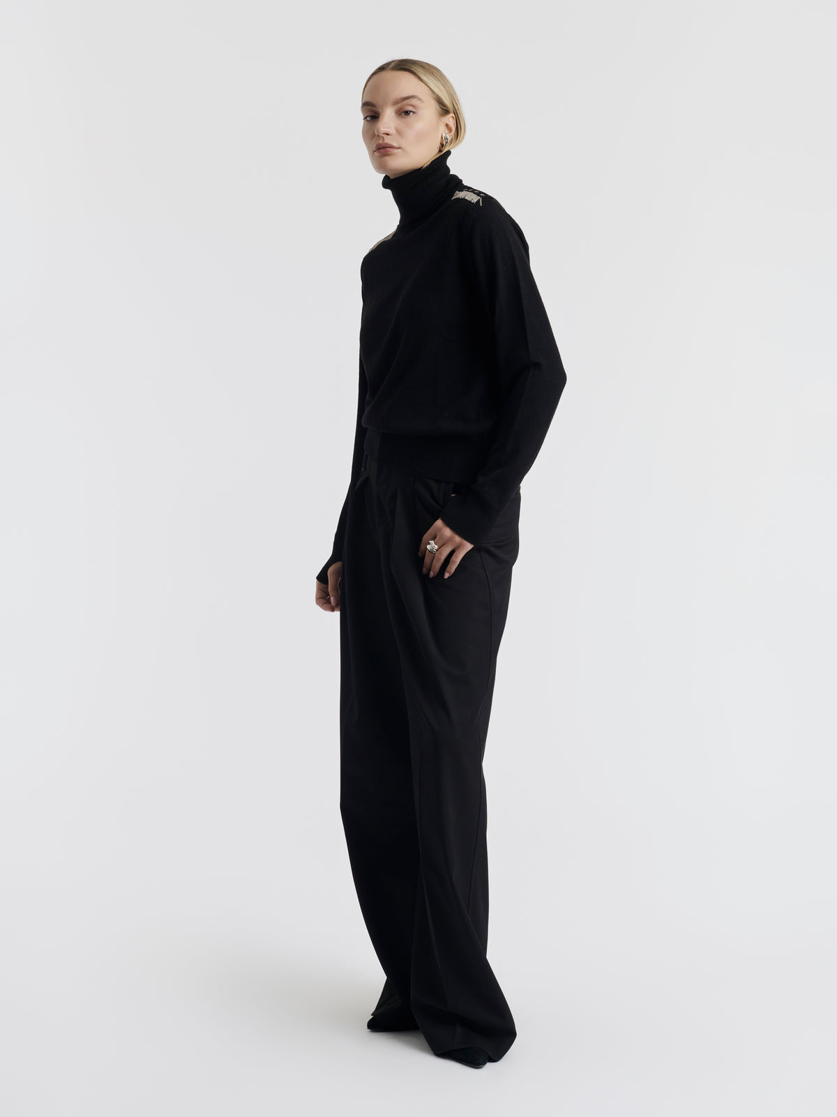 Black MATH CHAINS roll neck jumper worn, front view