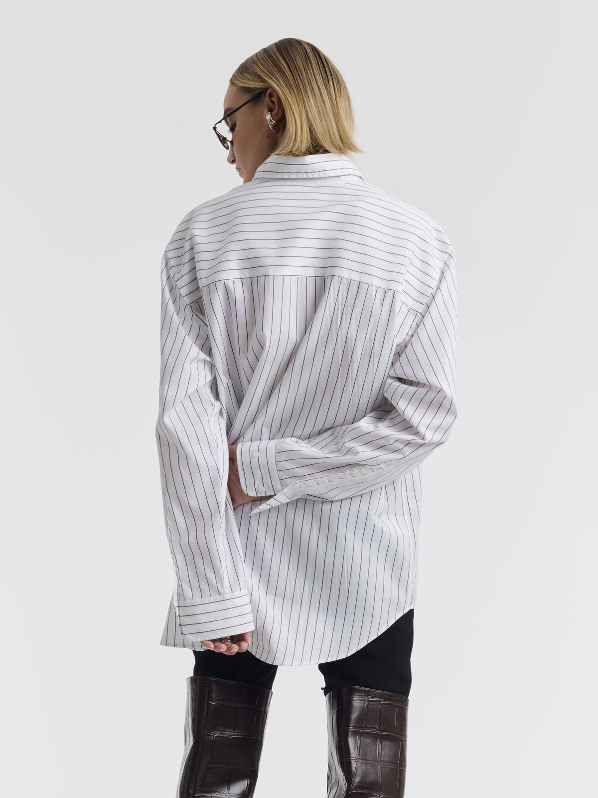 Black striped MEL shirt, back view