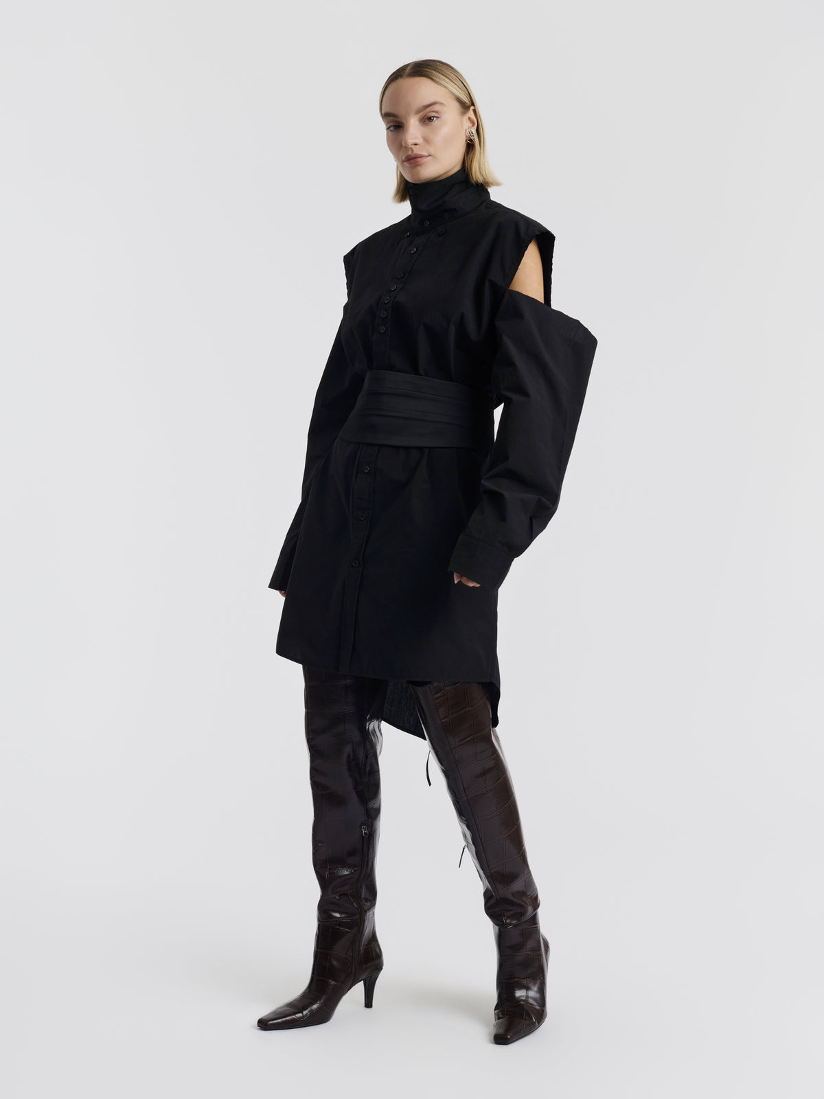 Black MELANIE shirt dress belted with the SAM tuxedo belt, high collar