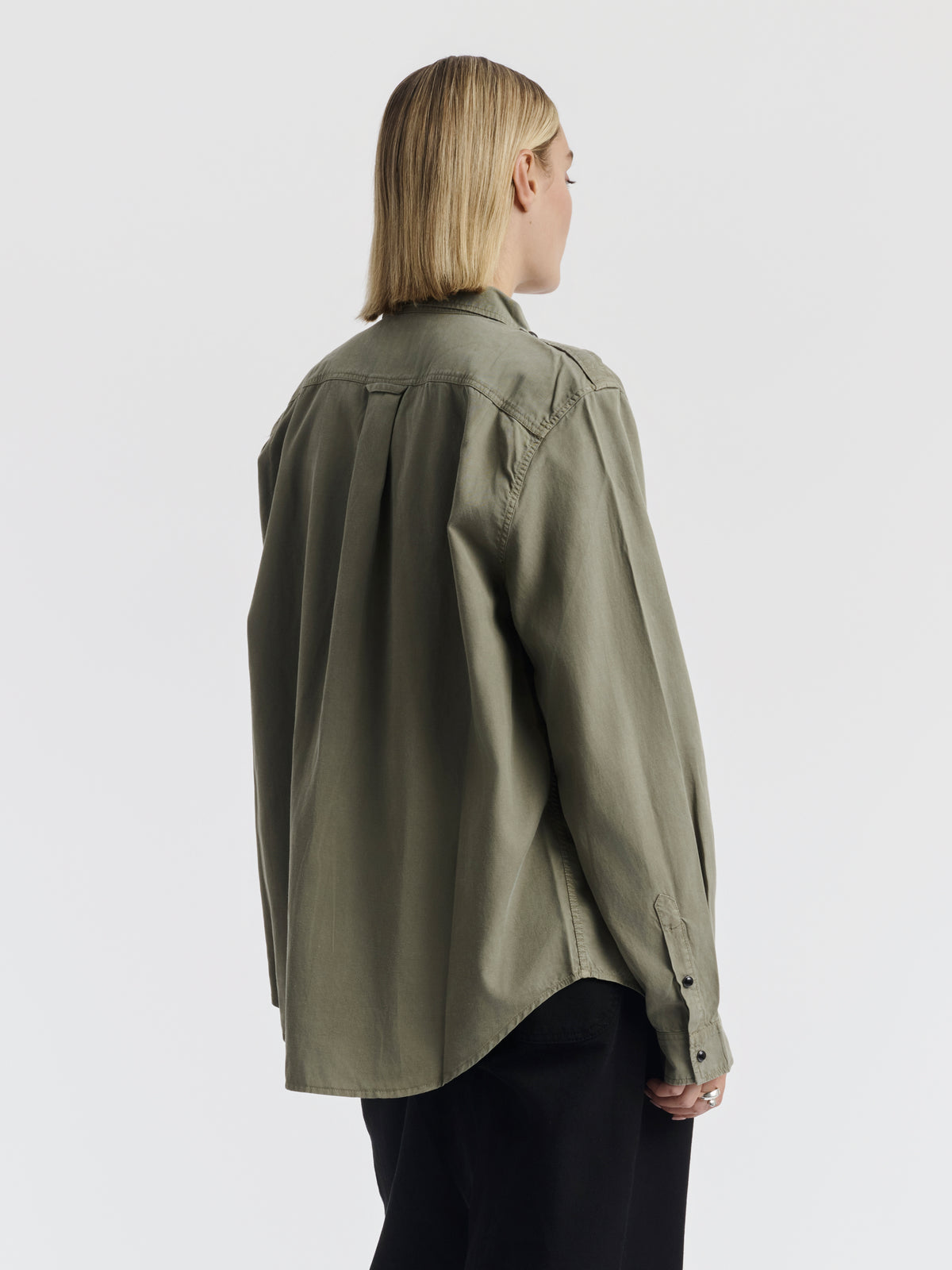 Khaki TITI boyfriend shirt worn, front view