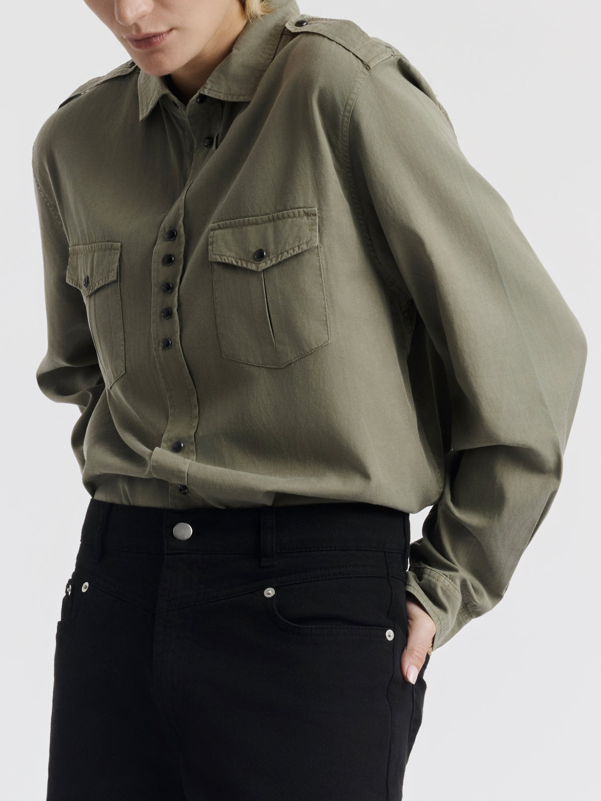 Khaki TITI boyfriend shirt worn, front view