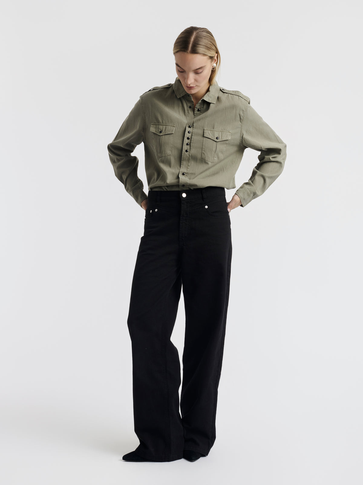 Khaki TITI boyfriend shirt worn, front view