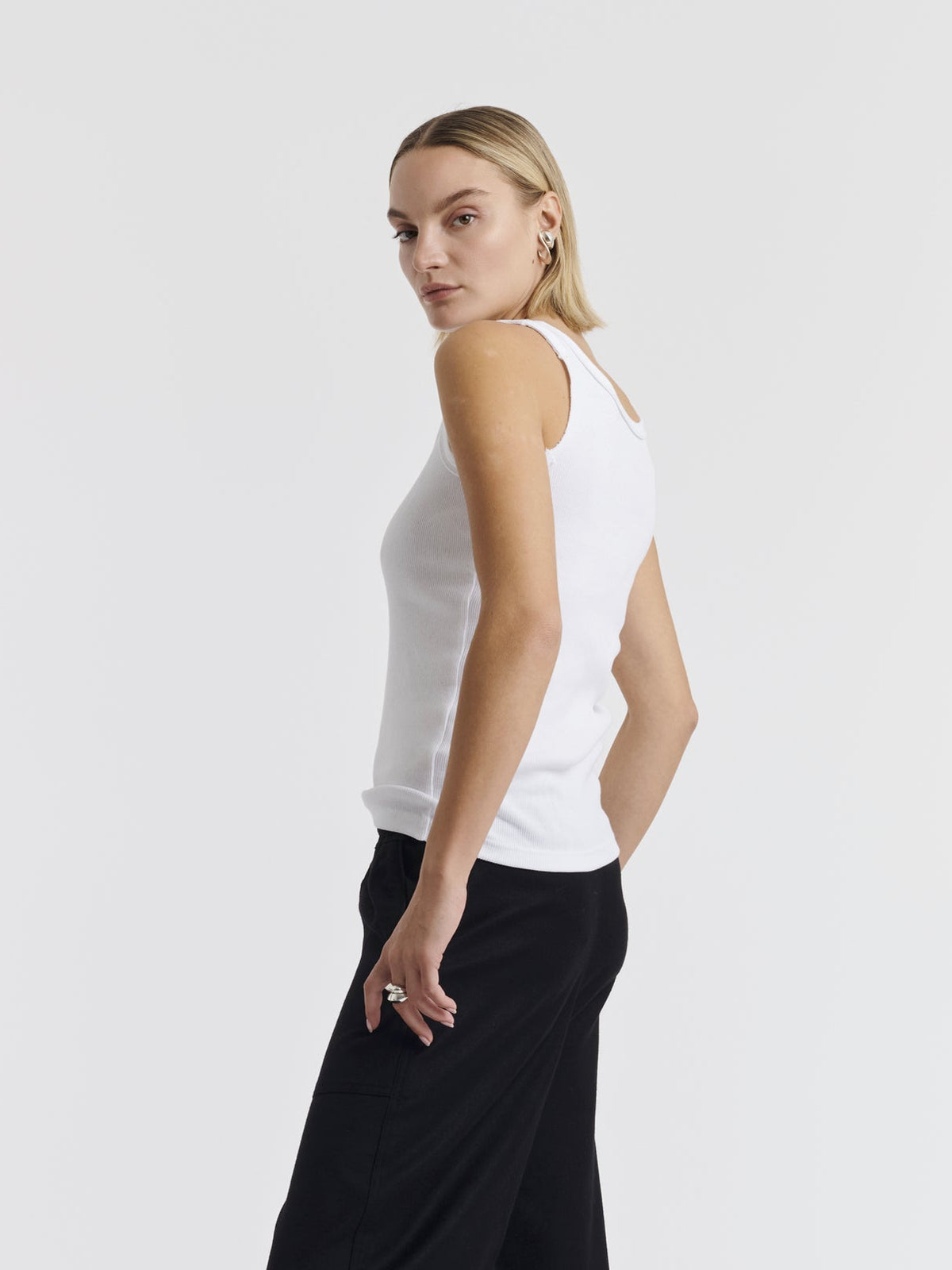White ANNET ribbed tank top worn, front view