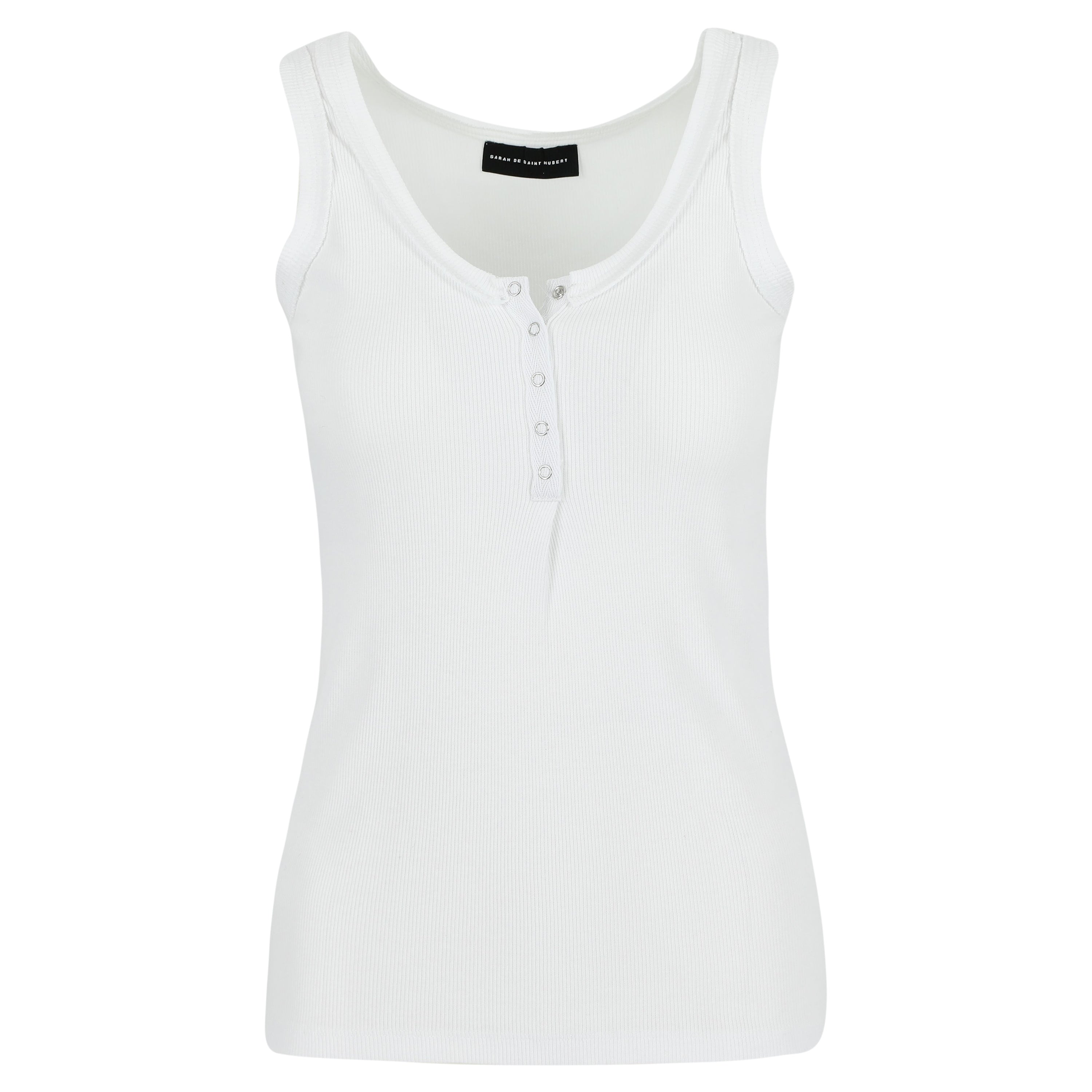 Iconic white tank top for women's in rib with polo rib border details, straight fit, press buttons placket at frontside, 100% cotton jersey. Made in Turkey