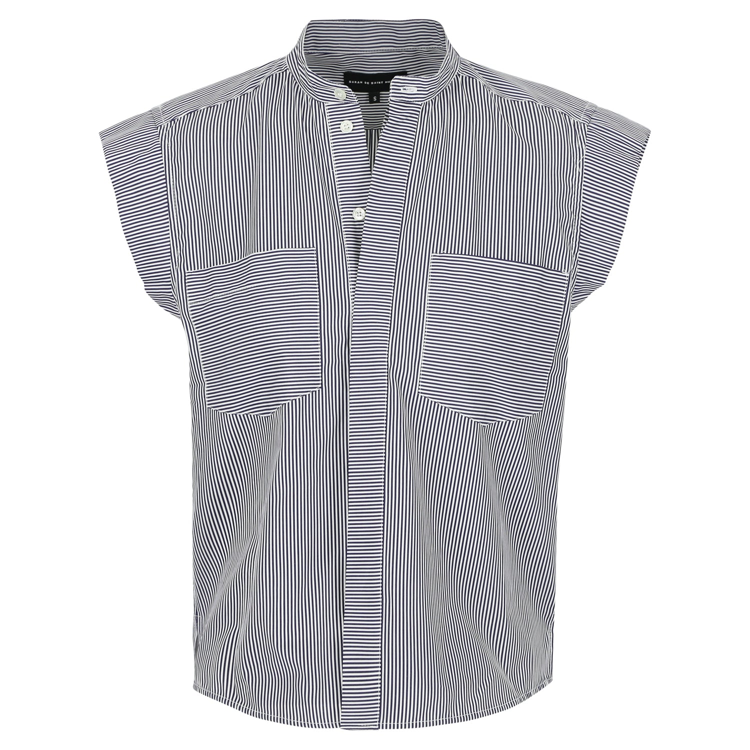 SARAH DE SAINT HUBERT structured shoulders cotton shirt with 2 front pockets & blind front placket. Navy stripes on a white base. Straight fit, true to size. 100% Italian cotton. Made in Portugal