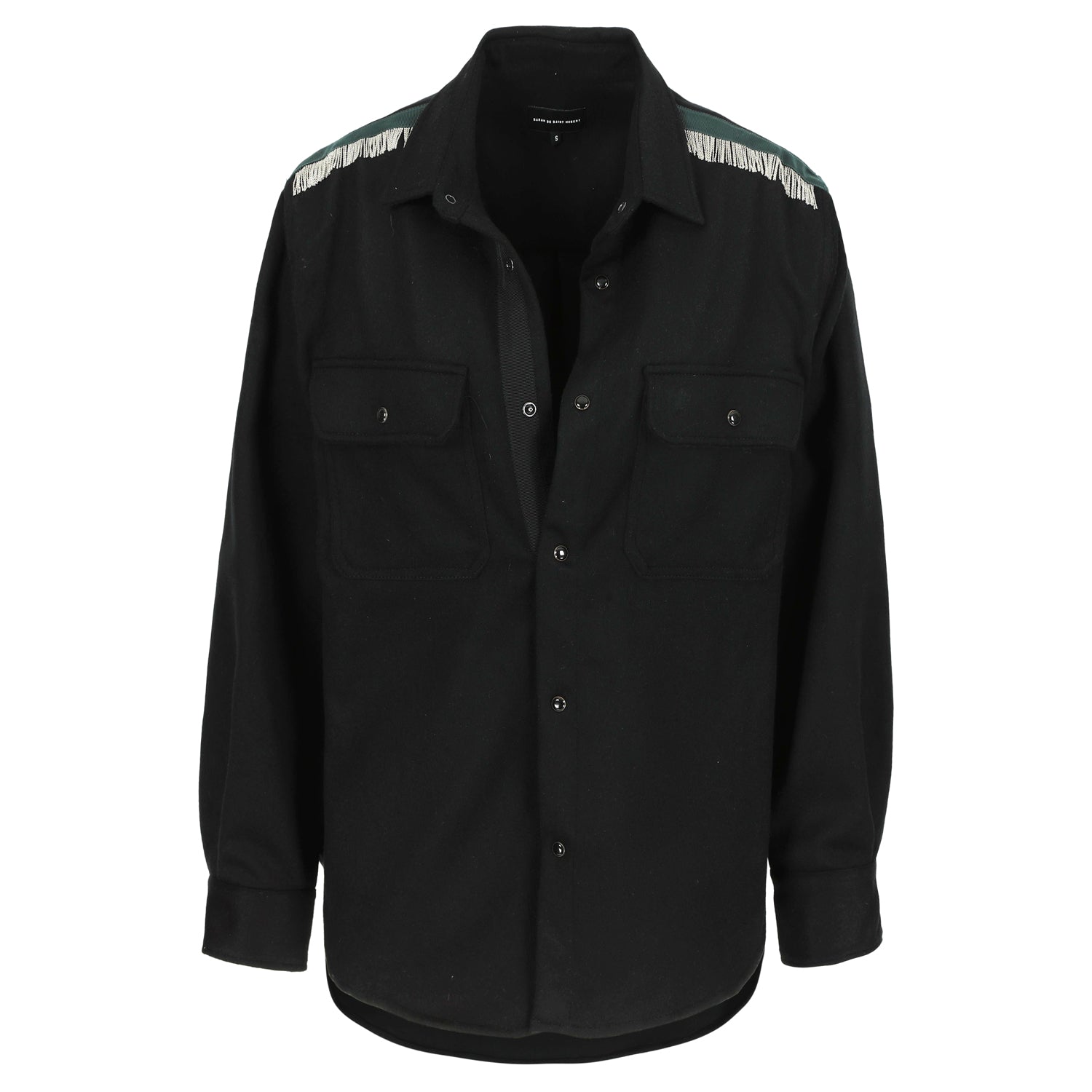 SARAH DE SAINT HUBERTSuper soft black wool-cashmere boyfriend over shirt hand-embroidered chains at the shoulders, black enamel snap buttons & dark green gros-grain tape trimmings. 2 chest pockets at the front. Straight and relaxed fit, one size fits all. Classic backside pleat Made in Portugal.