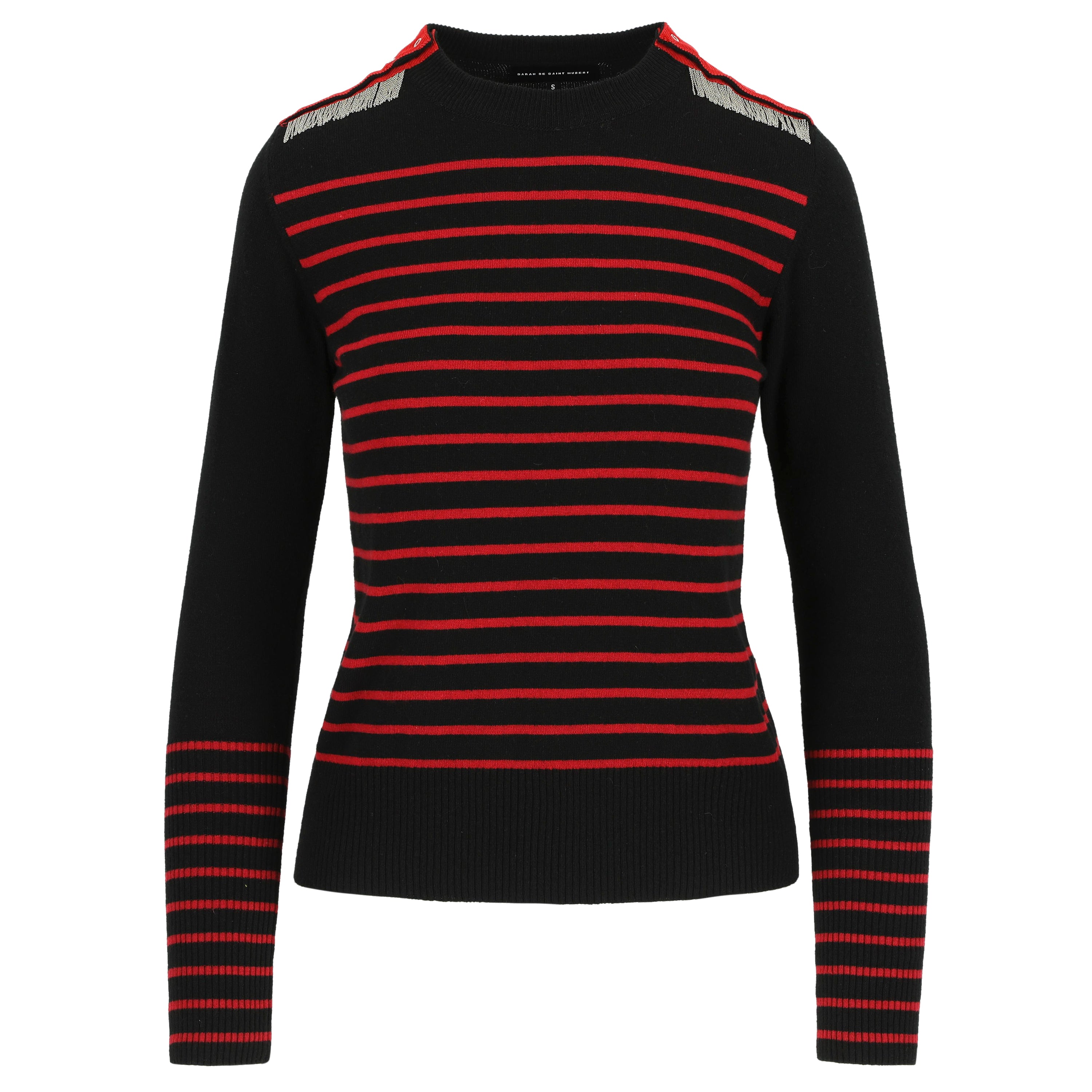 Women's jumper in ultra soft light gray knit with round neck, straight fit. hand-embroidered chains on the shoulders, black band with metallic snaps on the shoulders, high ribbed sleeves. Viscose - cashmere. Made in portugal