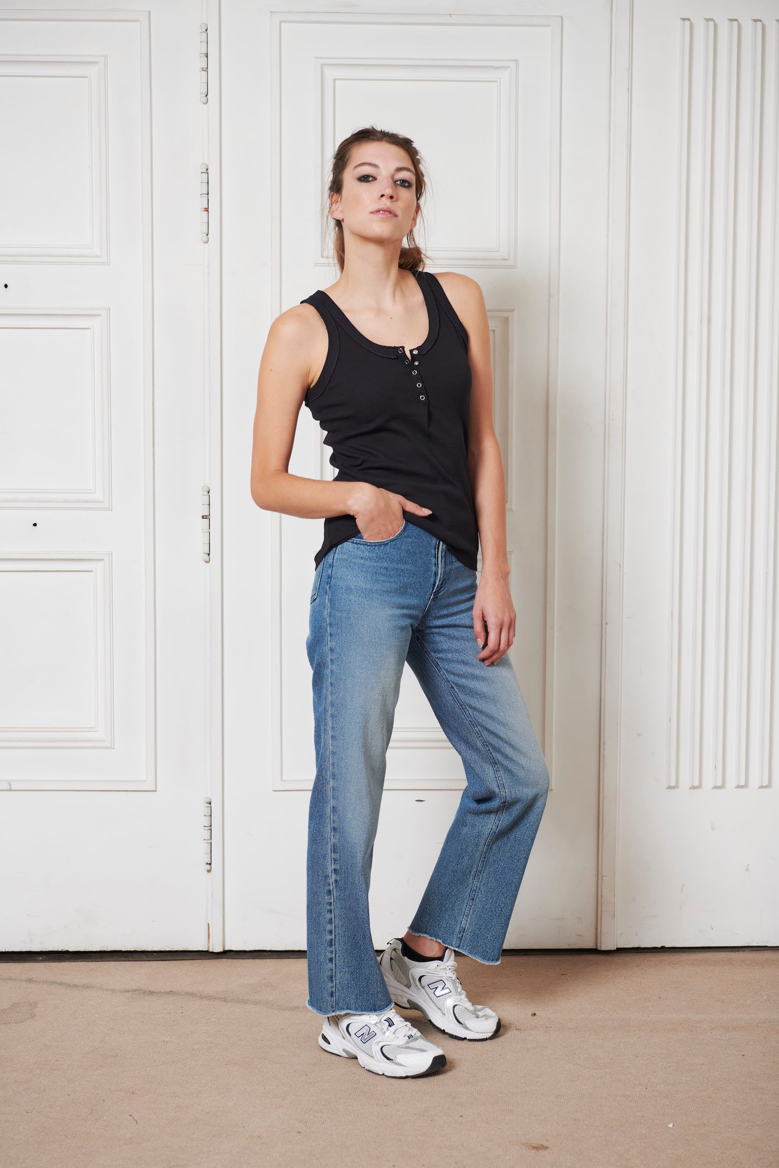 Iconic jersey tank top with polo rib border details straight fit, 5 press buttons placket at frontside, 100% cotton jersey, Made in Turkey