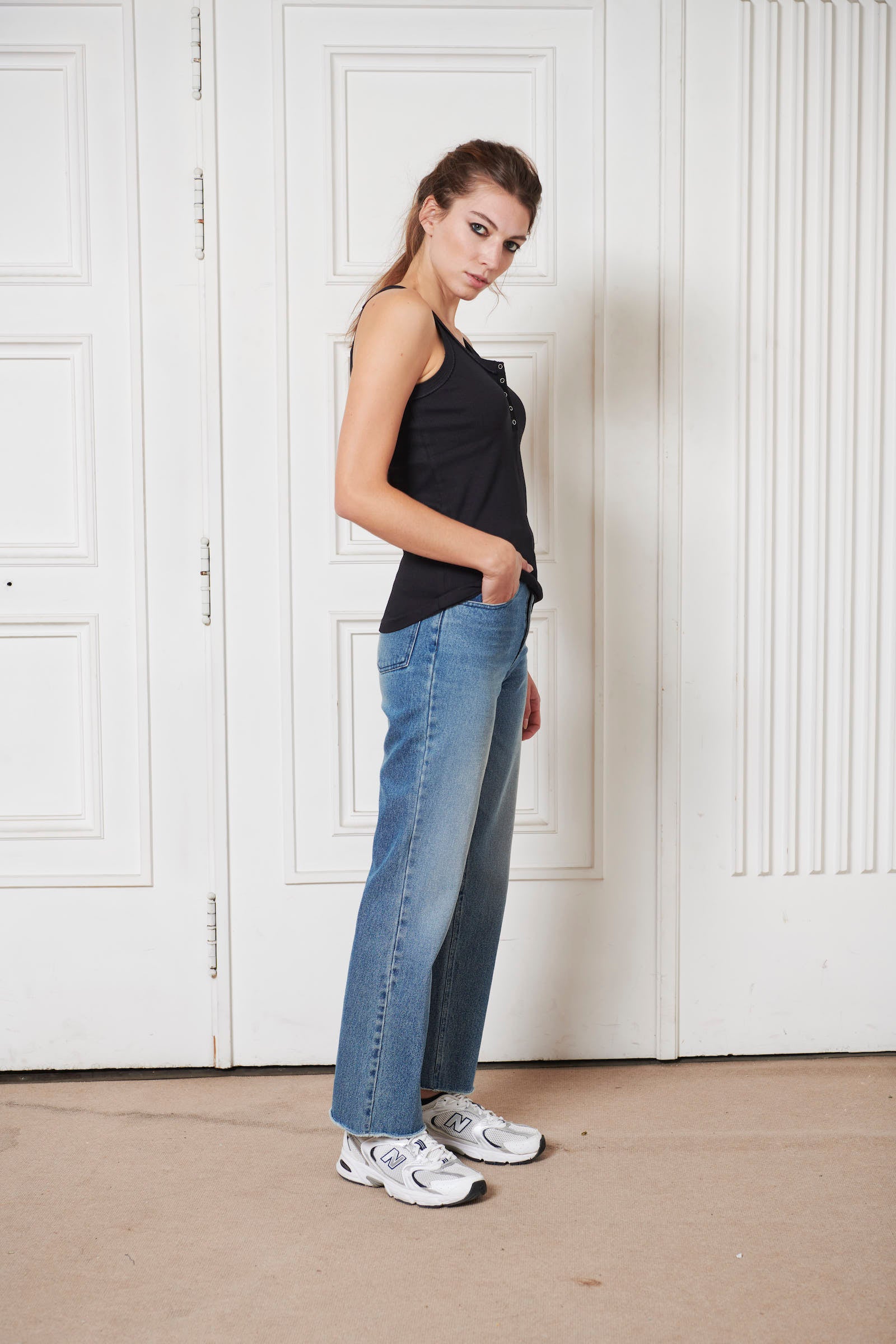 Iconic jersey tank top with polo rib border details straight fit, 5 press buttons placket at frontside, 100% cotton jersey, Made in Turkey