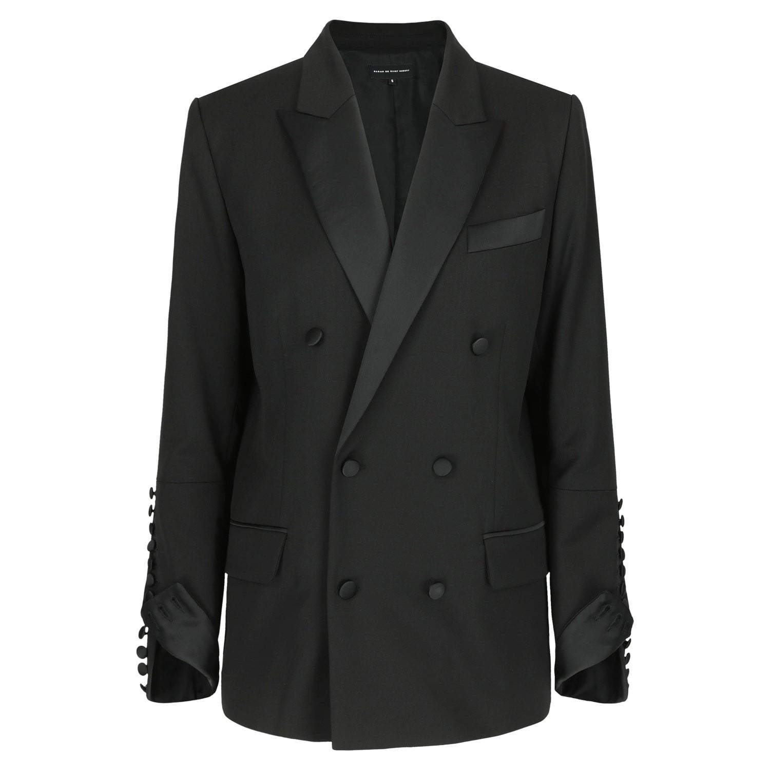 Women's black double breasted tailored jacket boyfriend fit - straight fit satin lapel collar, inside cuffs and self covered buttons signature extra-high buttoned cuffs with satin covered buttons 2 front pockets with satin pipings black viscose lining. Made in Portugal