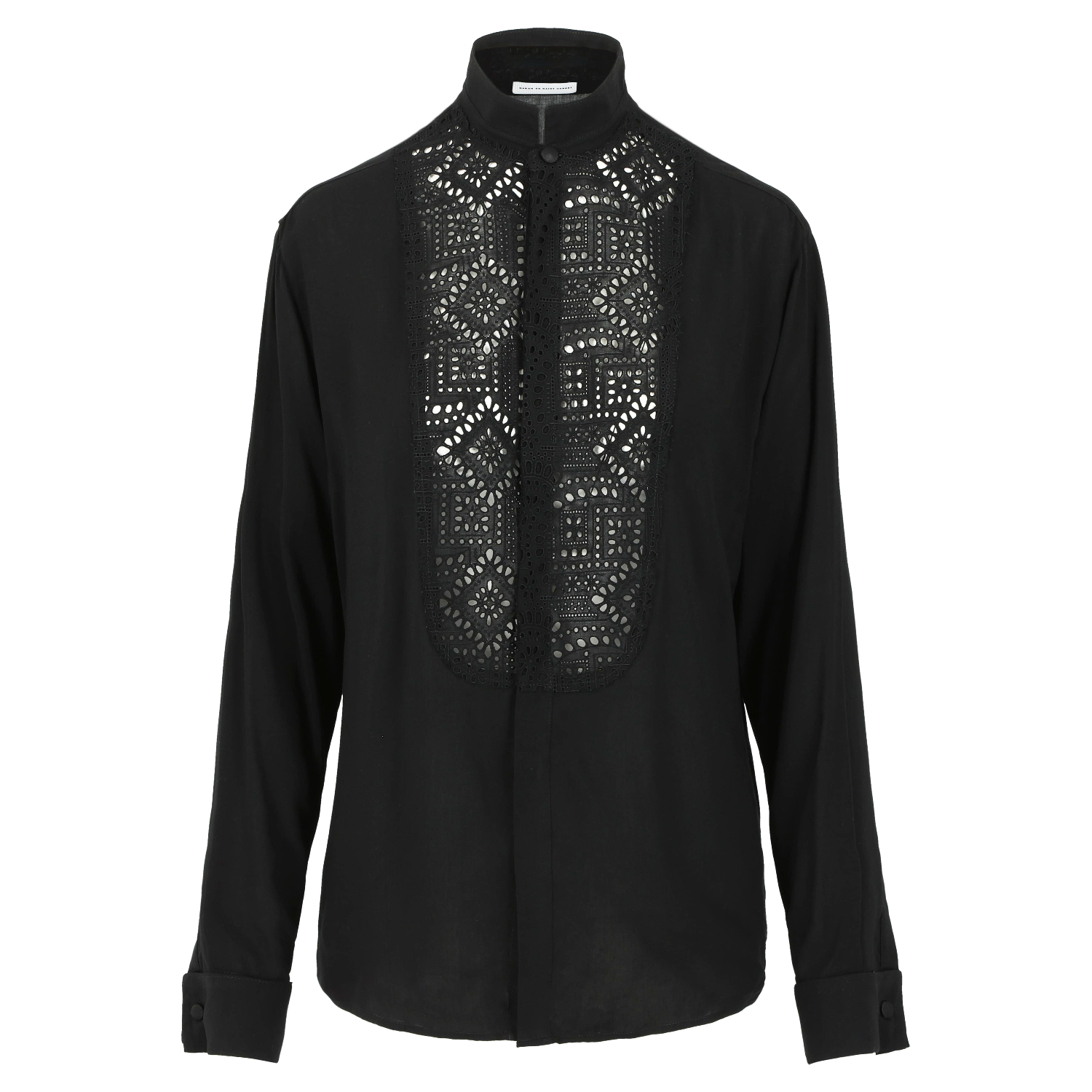 Fluid women's black smoking shirt with broderie anglaise, application smoking cuffs with self covered buttons Black viscose with black cotton broderie anglaise. Made in Portugal