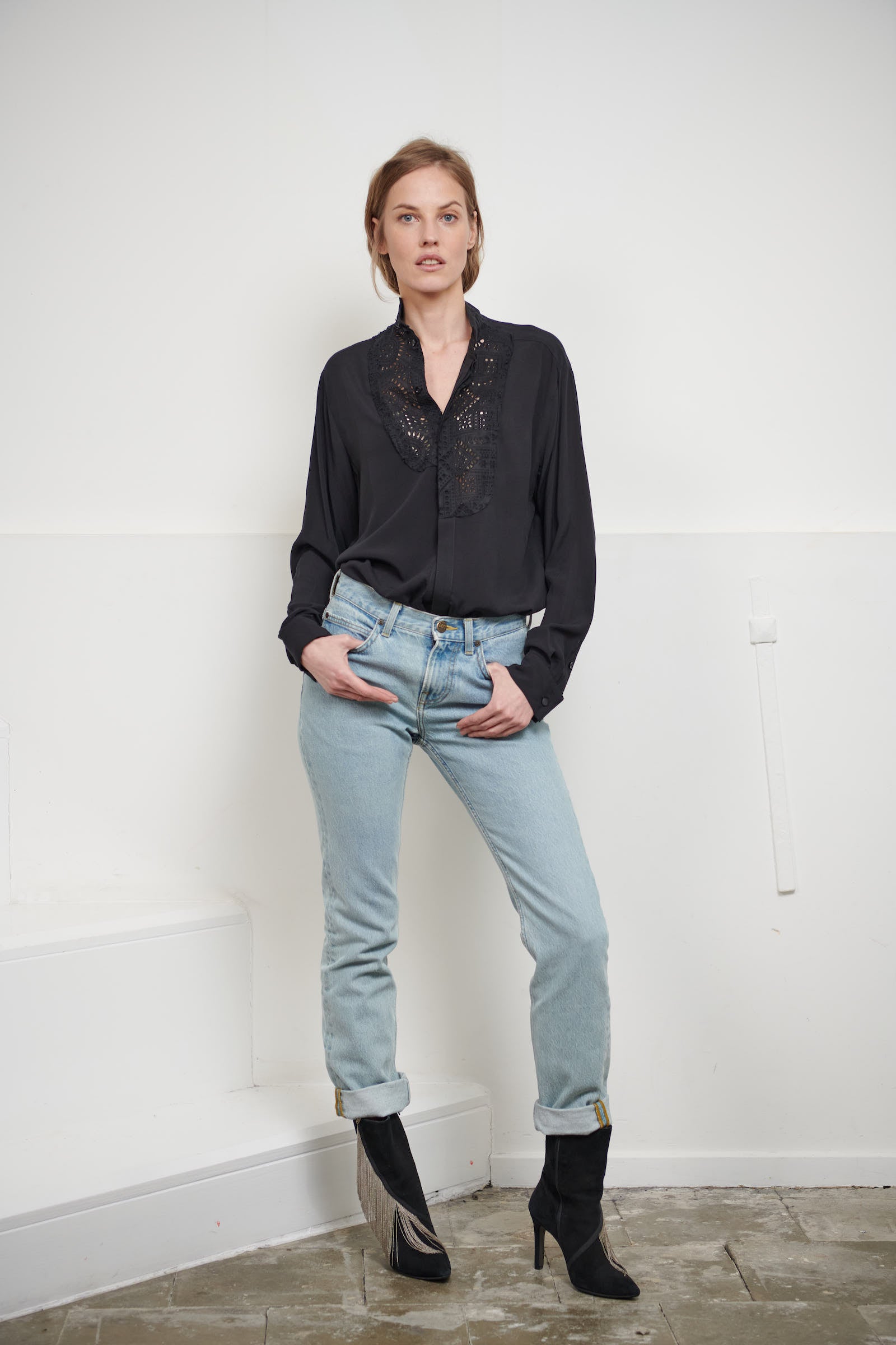 Fluid women's black smoking shirt with broderie anglaise, application smoking cuffs with self covered buttons Black viscose with black cotton broderie anglaise. Made in Portugal