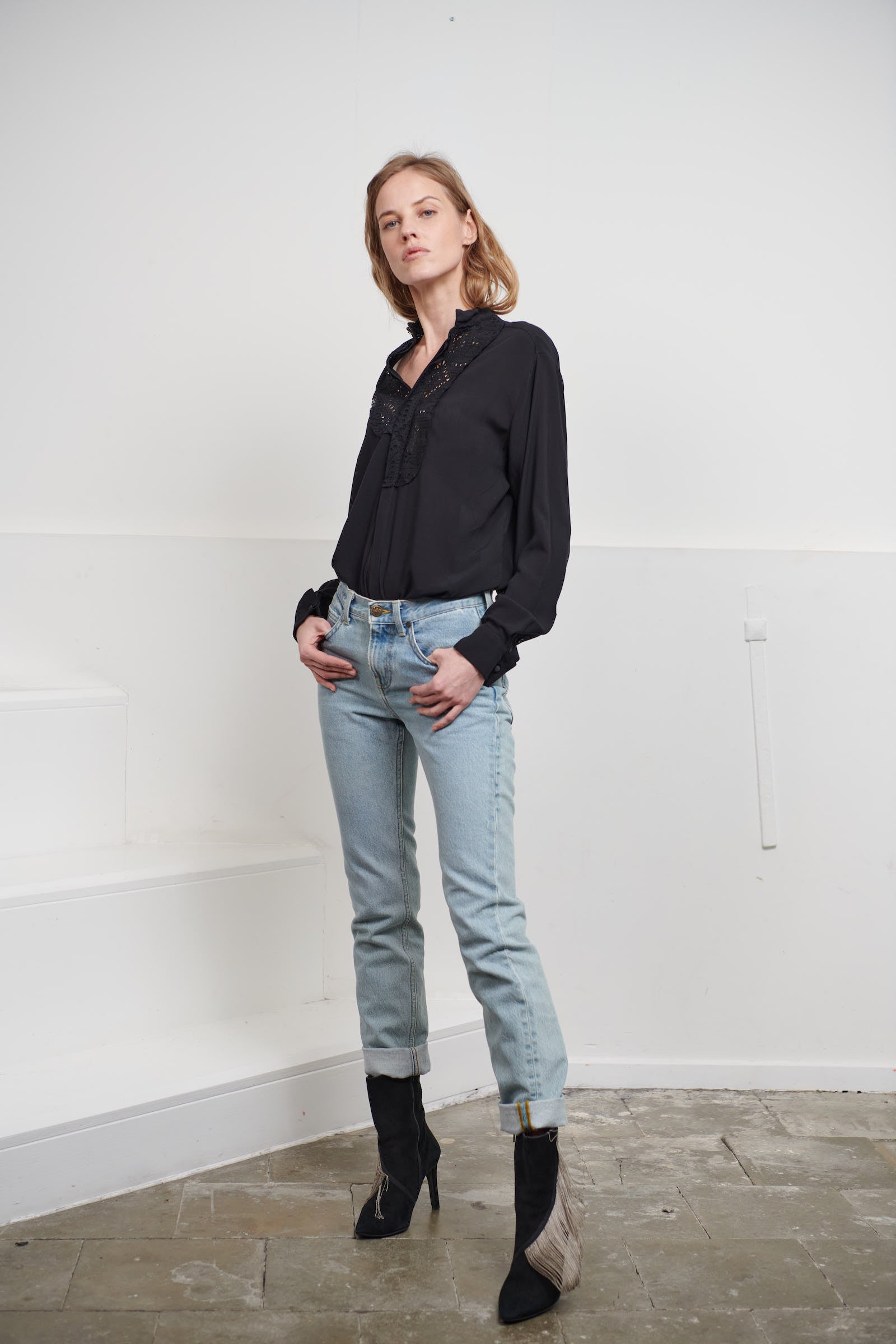 Fluid women's black smoking shirt with broderie anglaise, application smoking cuffs with self covered buttons Black viscose with black cotton broderie anglaise. Made in Portugal