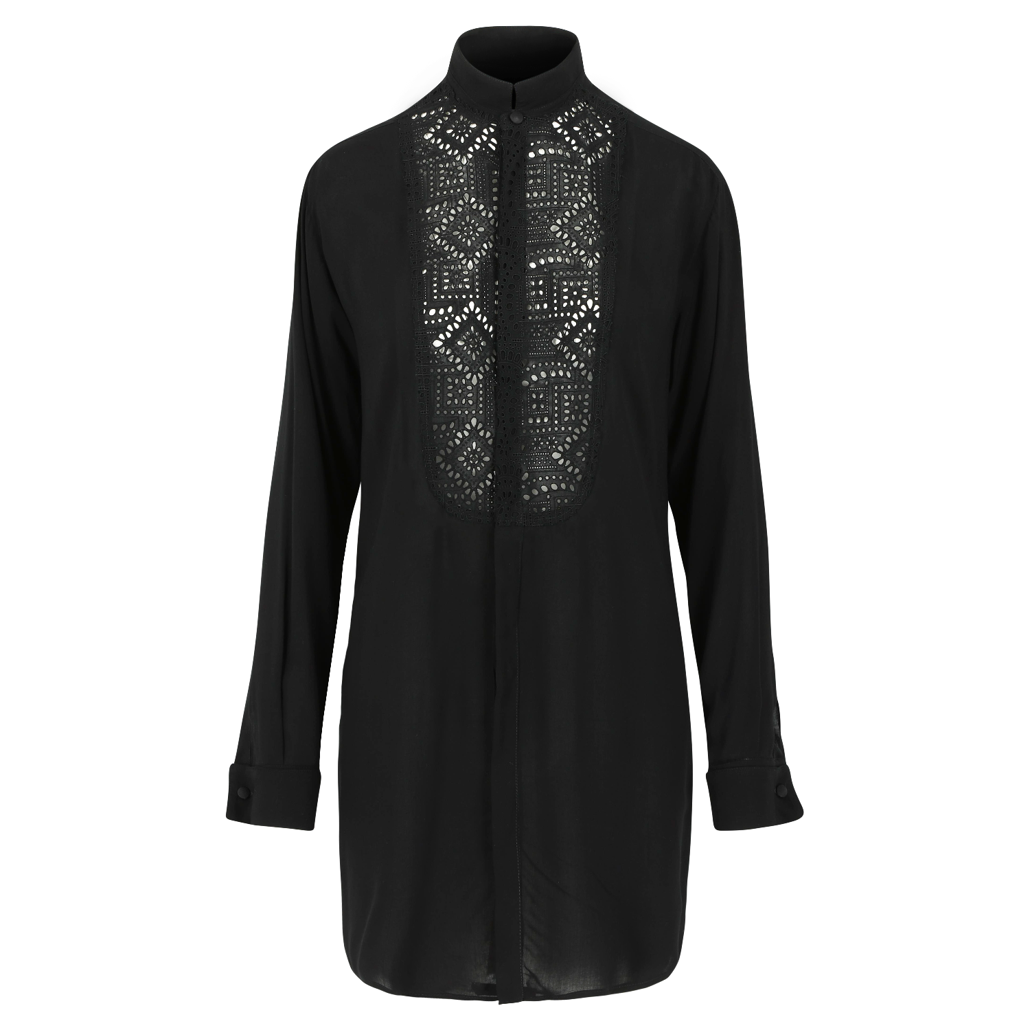 Fluid black shirt dress for women with English embroidery application, loose fit. Smoldering cuffs with self-covered black viscose buttons with black cotton eyelet embroidery. 100% Viscose. Made in portugal