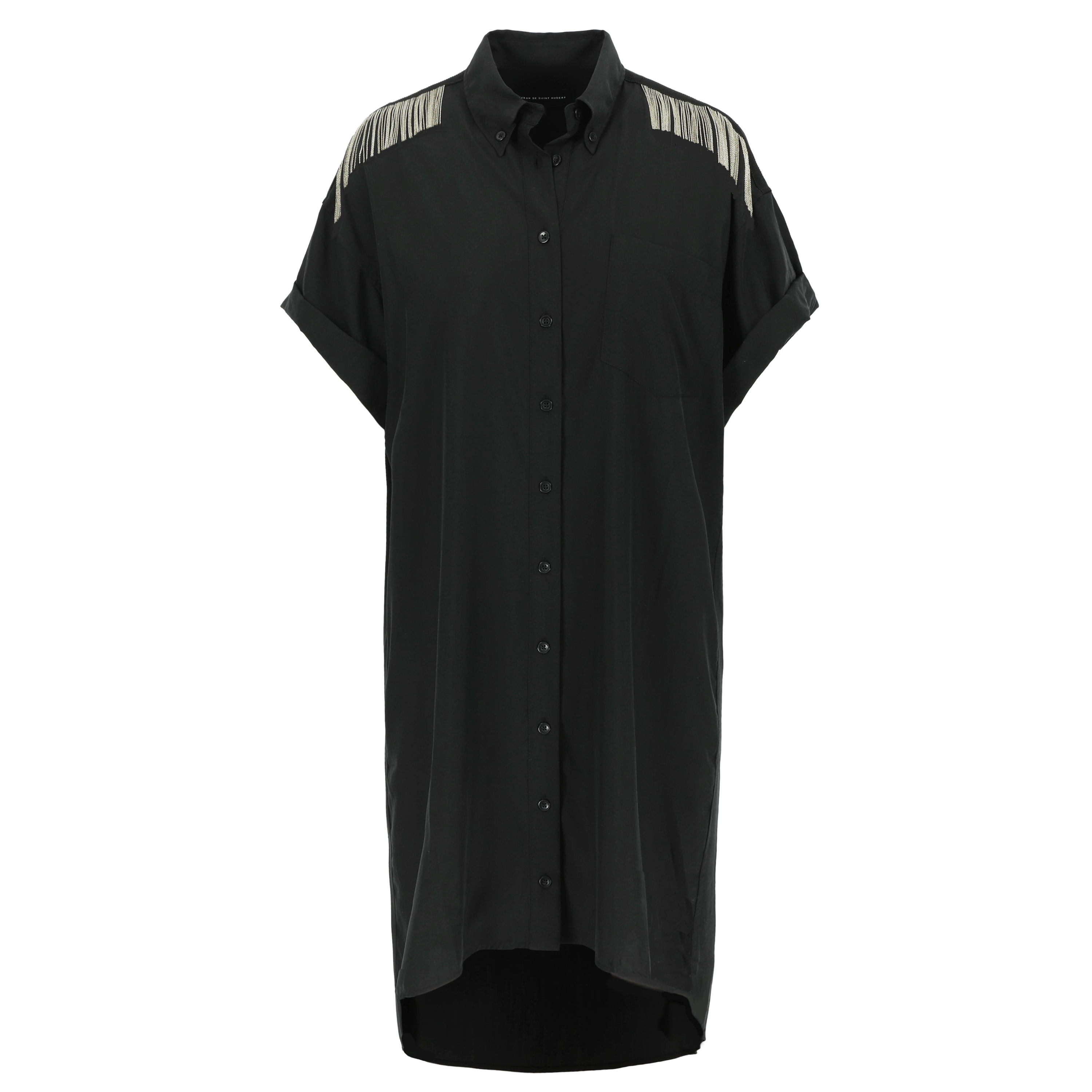 Oversized fluid black shirt dress for women. Signature hand-embroidered chains on the shoulders. Short rolled up sleeves, a shortened front pocket on the front. Belgian fashion made in Portugal.