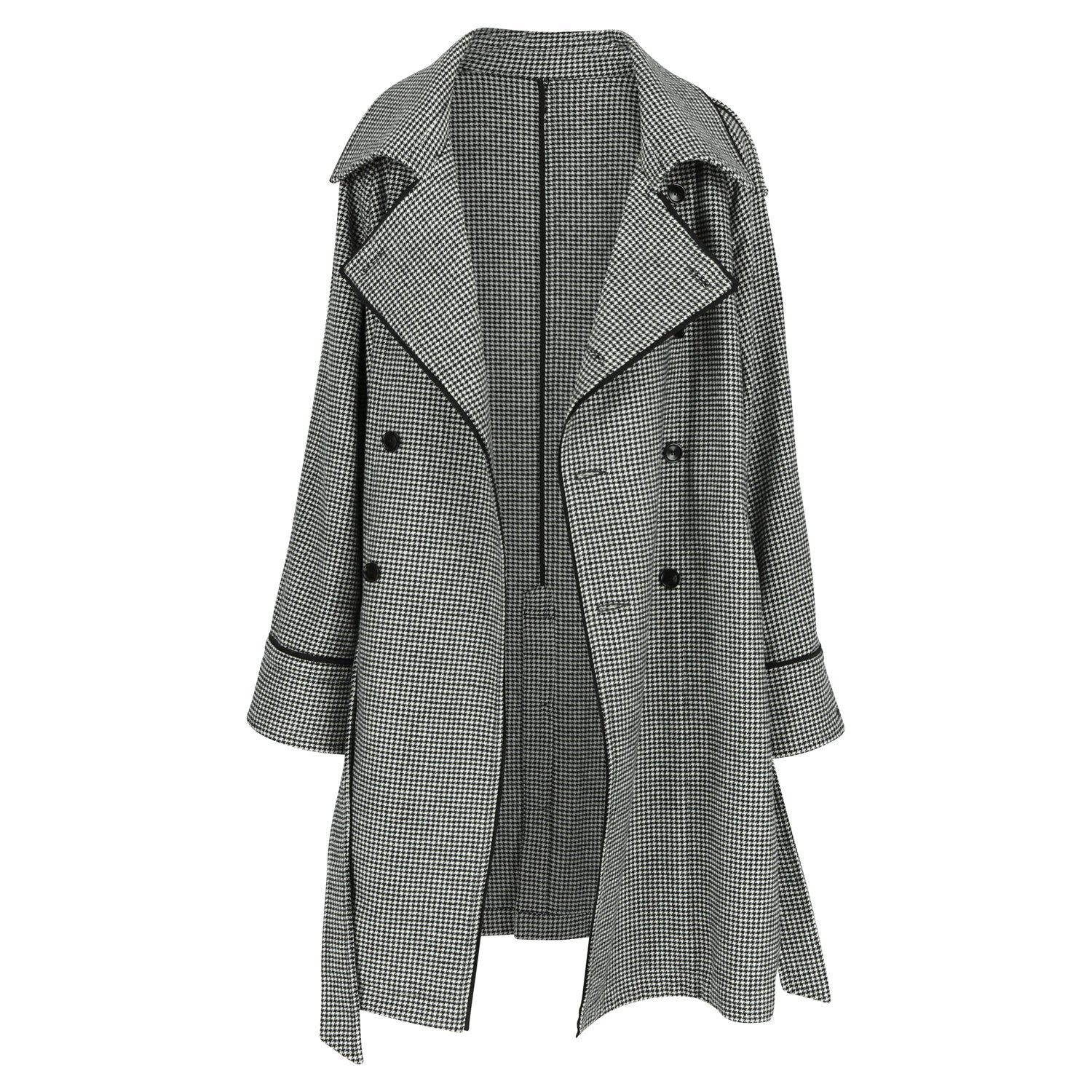 SARAH DE SAINT HUBERT grey/white 'Pied de Poule' fluid trenchcoat made of black viscose lining with a matching waist belt. Straight and wide fit.