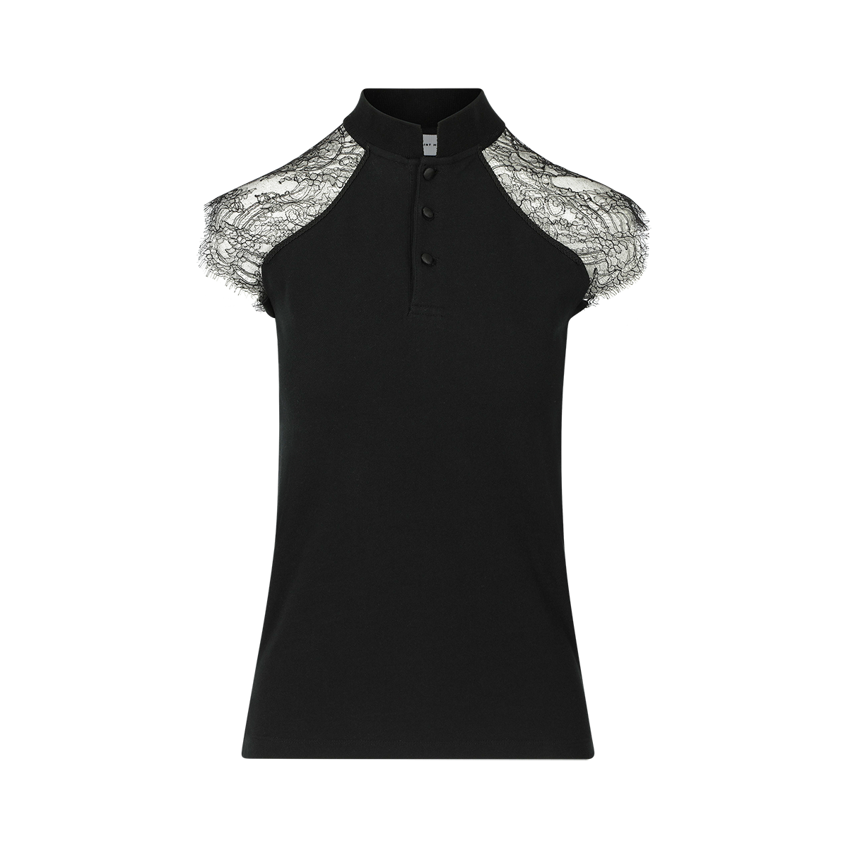 SARAH DE SAINT HUBERT black piqué polo shirt made of cotton piqué jersey with calais lace insert at the shoulders. A timeless feminine polo shirt with a straight/tiny fit.