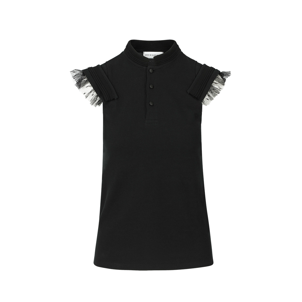 SARAH DE SAINT HUBERT black piqué polo shirt made of cotton piqué jersey with plumetis ruffles. Feminine and comfy fit.
