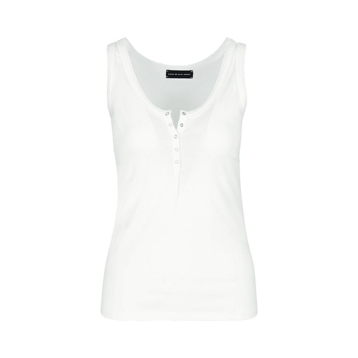 SARAH DE SAINT HUBERT white tank top made of jersey with polo rib border details and press buttons placket at frontside. A timeless feminine basic with a straight fit.
