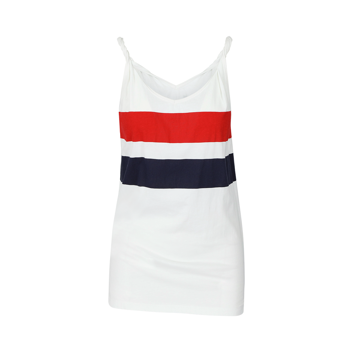 SARAH DE SAINT HUBERT white printed red/navy stripes tank top made of cotton jersey with twisted shoulder straps and v-neck line. A timeless piece.