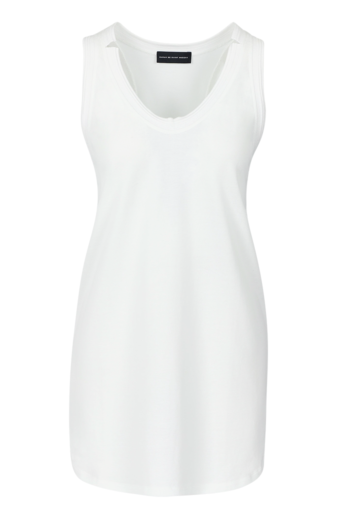 SARAH DE SAINT HUBERT white raceback tunique made of cotton piqué jersey with iconic raw-cut rib borders details. Oversized and straight fit.