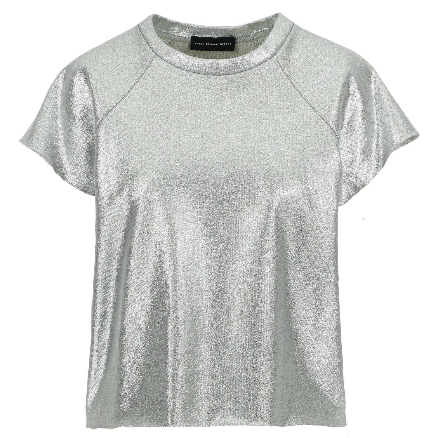 Rock and shinny! For a special occasion, to party all night long, or just stand out a little more, the Nadine sweater/T-shirt was made for you! Go wild! It has a straight fit, slightly cropped, and features raw cut raglan sleeves and a raw cut hem. Made in a 100% silver coated cotton, in Portugal Louise is 170 cm tall and wears a size M