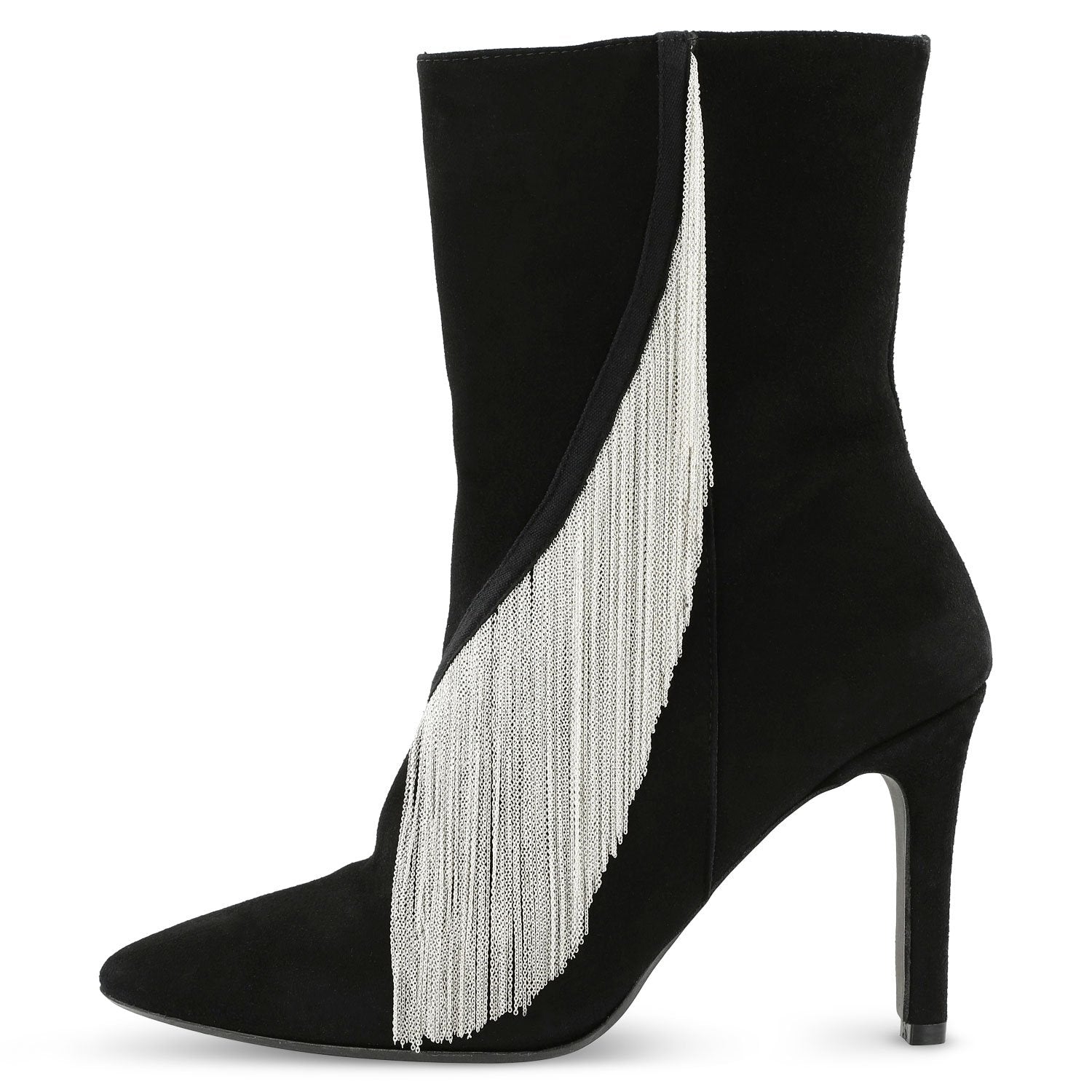 SARAH DE SAINT HUBERT black ankle boots with hand embroidred chains at the side. 7 cm high heels 100% Suede leather, very comfy heels. Accessory made in Portugal