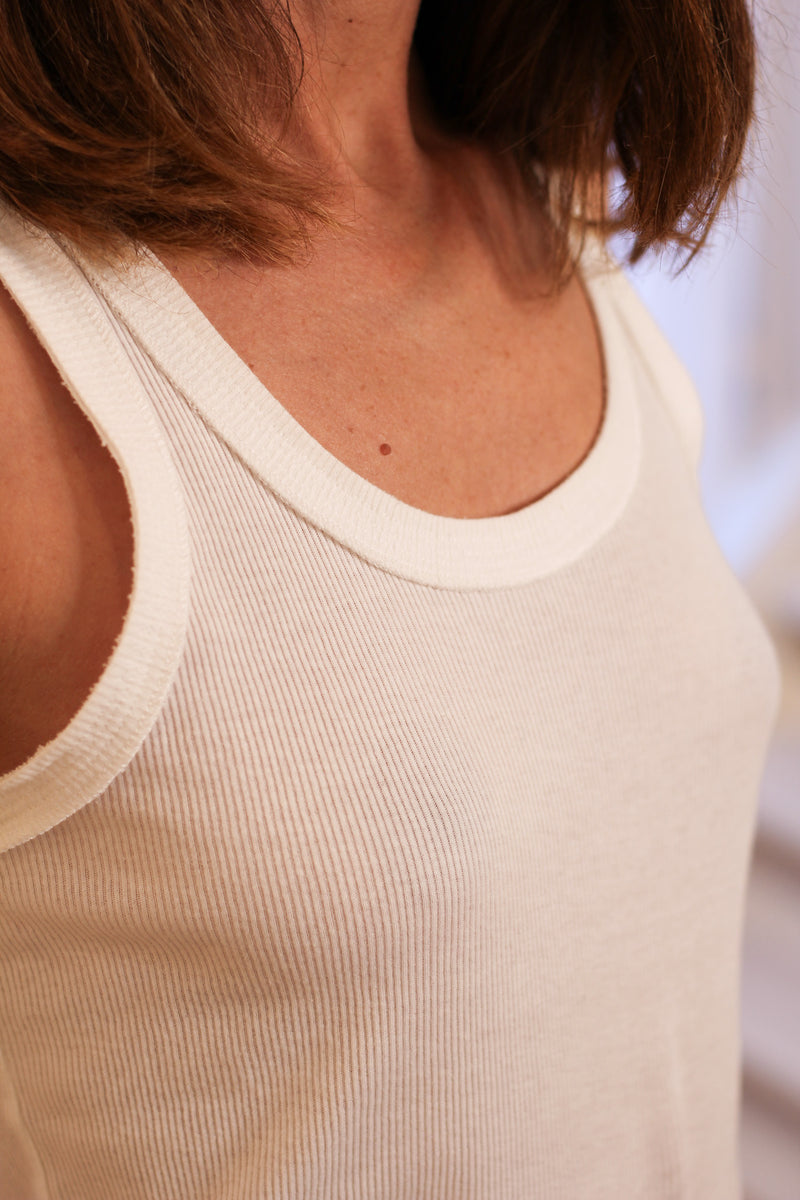 A minimalist essential with a refined touch, this tank top features the brand’s signature ribbed borders along the neckline and armholes. Crafted from soft, lightweight ribbed 100% cotton jersey sourced from sustainable deadstock, its slightly sheer fabric adds a delicate feel.Designed in a straight fit, it’s true to size—size up if you prefer a looser look. Produced in Portugal in limited quantities.