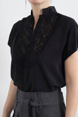 SARAH DE SAINT HUBERT Fluid women's black smoking shirt with broderie anglaise application in black viscose with black cotton broderie anglaise. Designed in Belgium and Made in Portugal