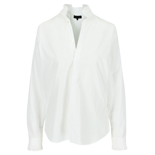 SARAH DE SAINT HUBERT chemise smoking blanche en viscose avec applications de volants. Une chemise féminine intemporelle avec une coupe droite/relaxée.